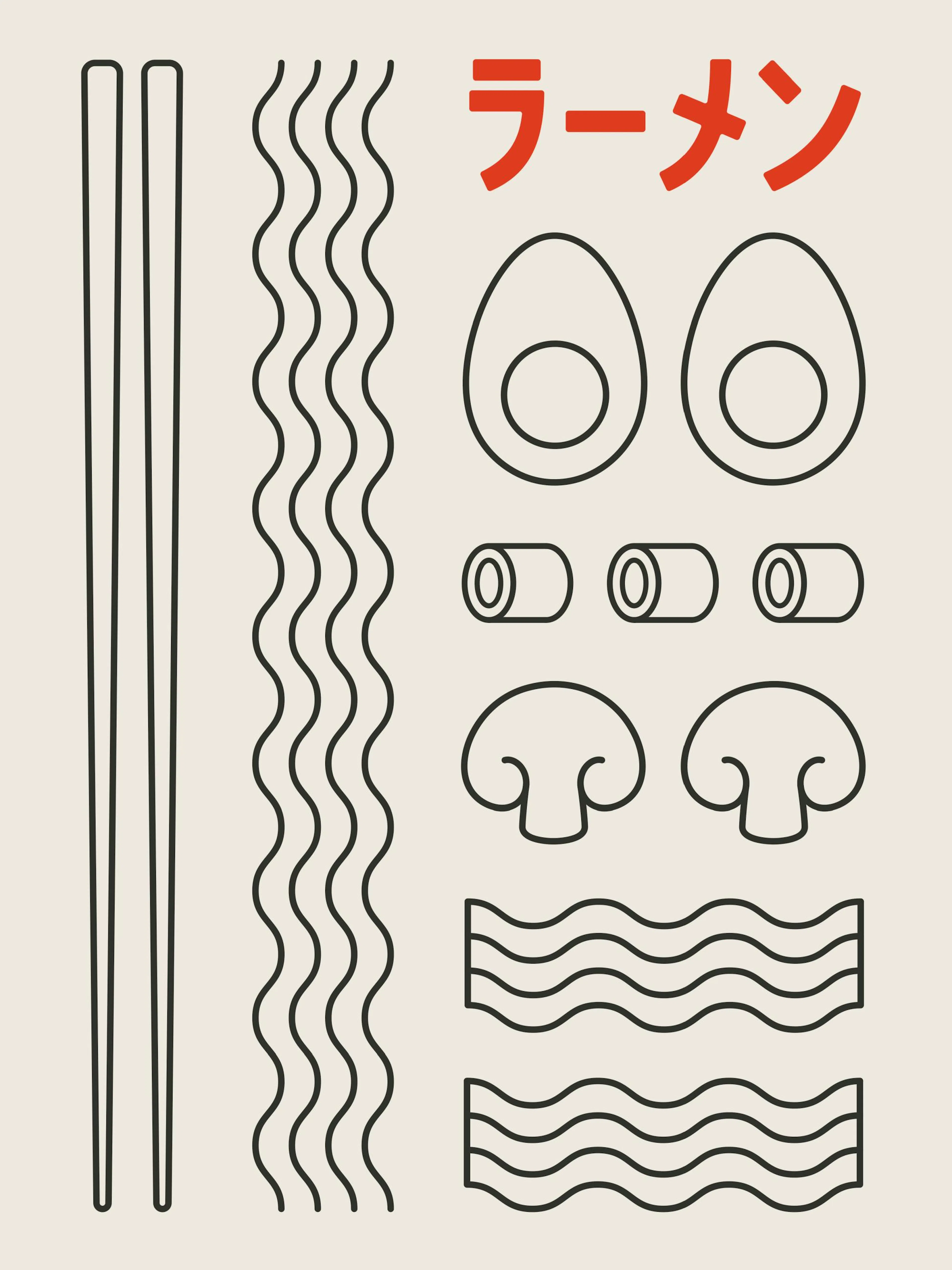 Un póster minimalista con palillos, fideos ramen, huevos, cebollas, champiñones y tocino en un estilo de contorno negro. La pala
