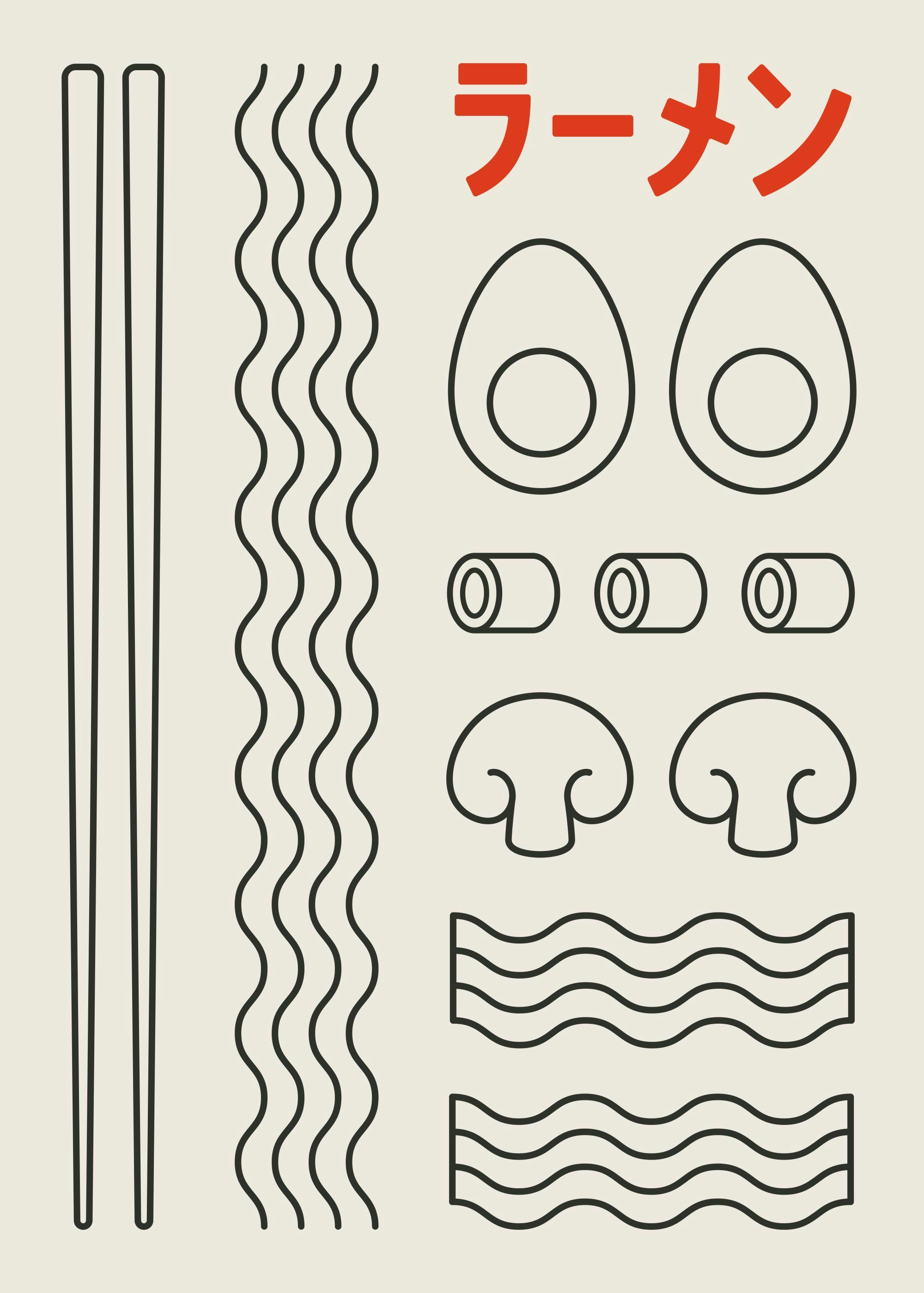 A poster featuring minimalist ramen elements: chopsticks, wavy noodles, eggs, scallions, mushrooms, and bacon, with red Japanese