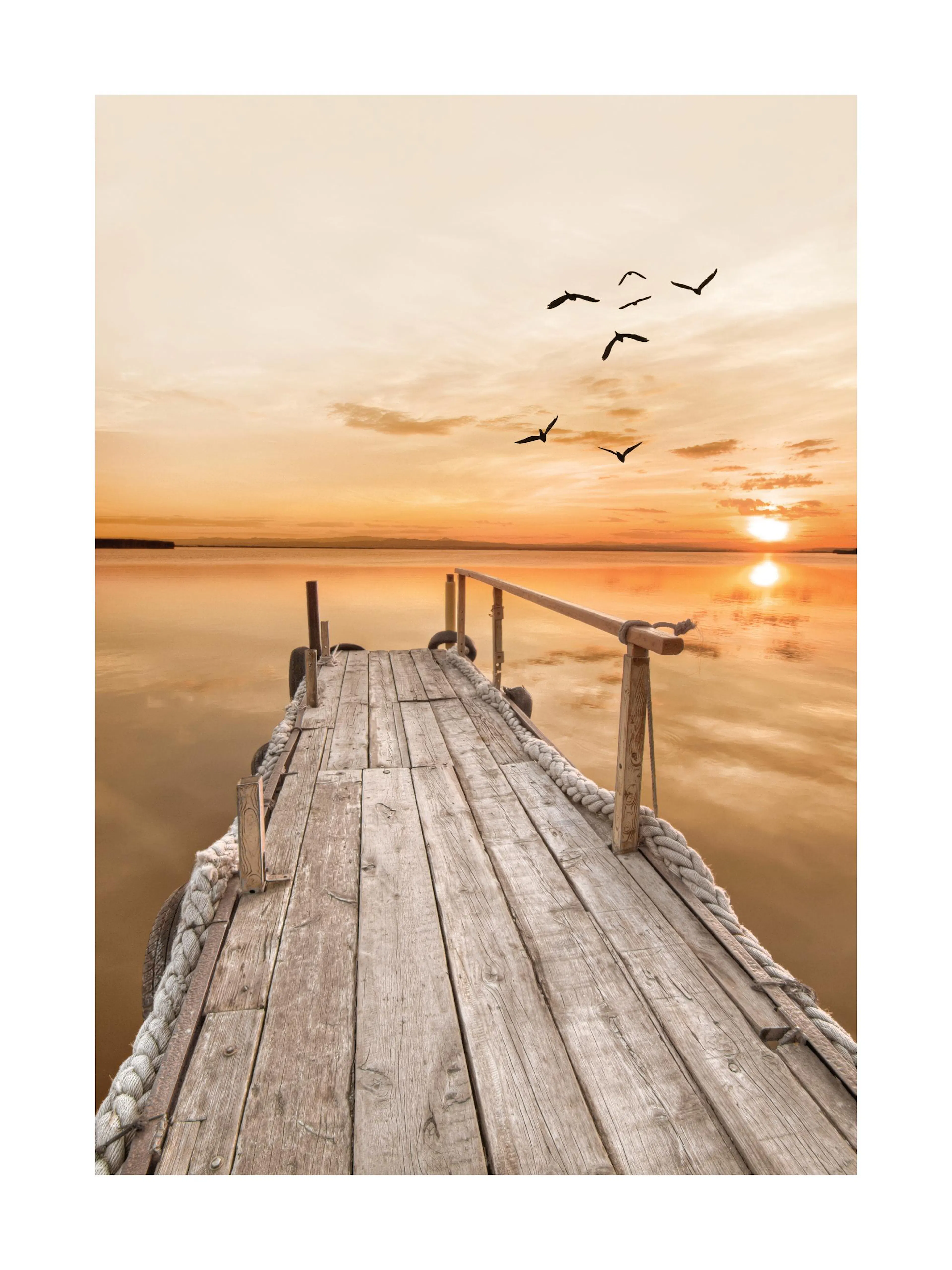 Poster: Ein Holzsteg führt in einen See, bei Sonnenuntergang reflektiert das Licht orangefarben im Wasser, Vögel fliegen am Himm