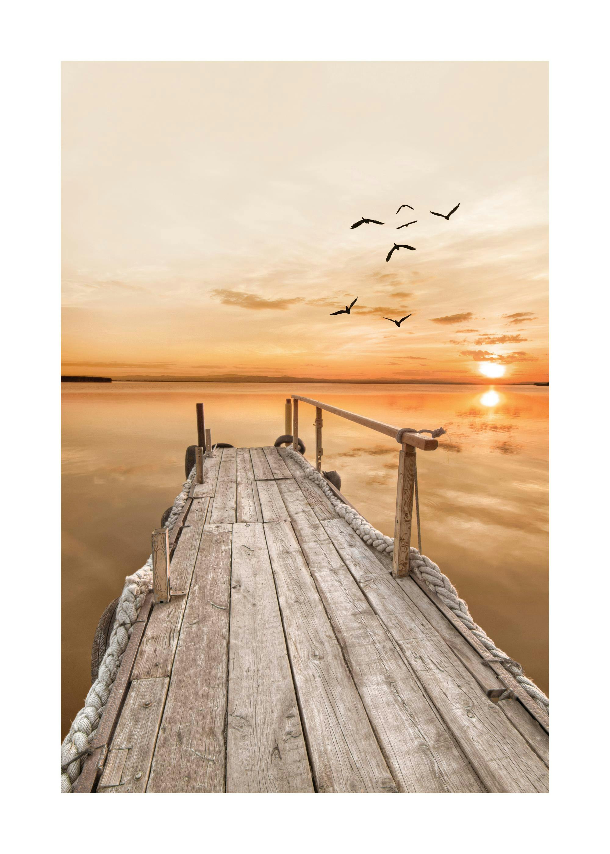 Póster de un muelle de madera sobre un lago con reflejos dorados del atardecer y pájaros volando en el cielo.