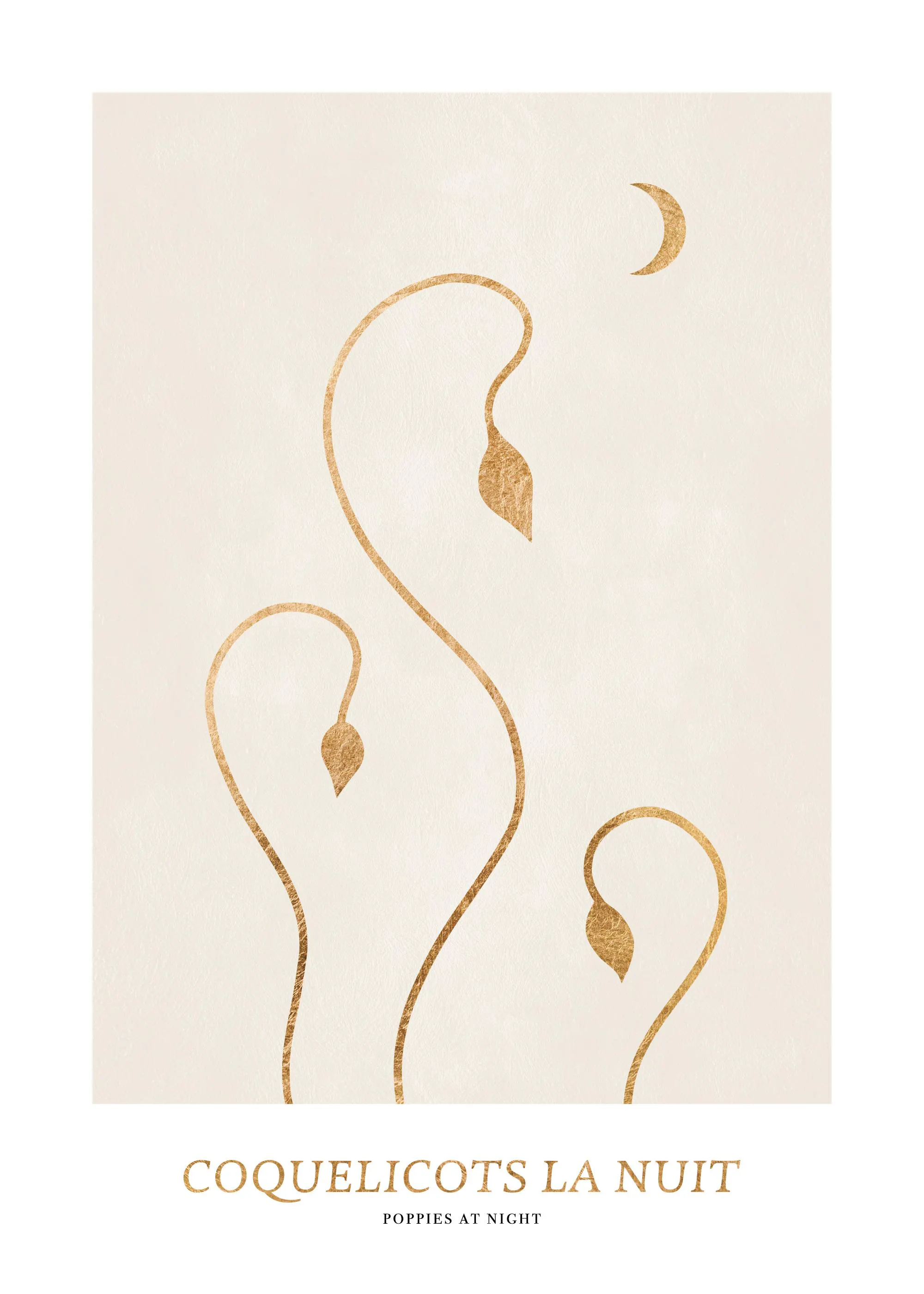 A poster featuring a minimalist design of three golden poppies and a crescent moon against a cream background.