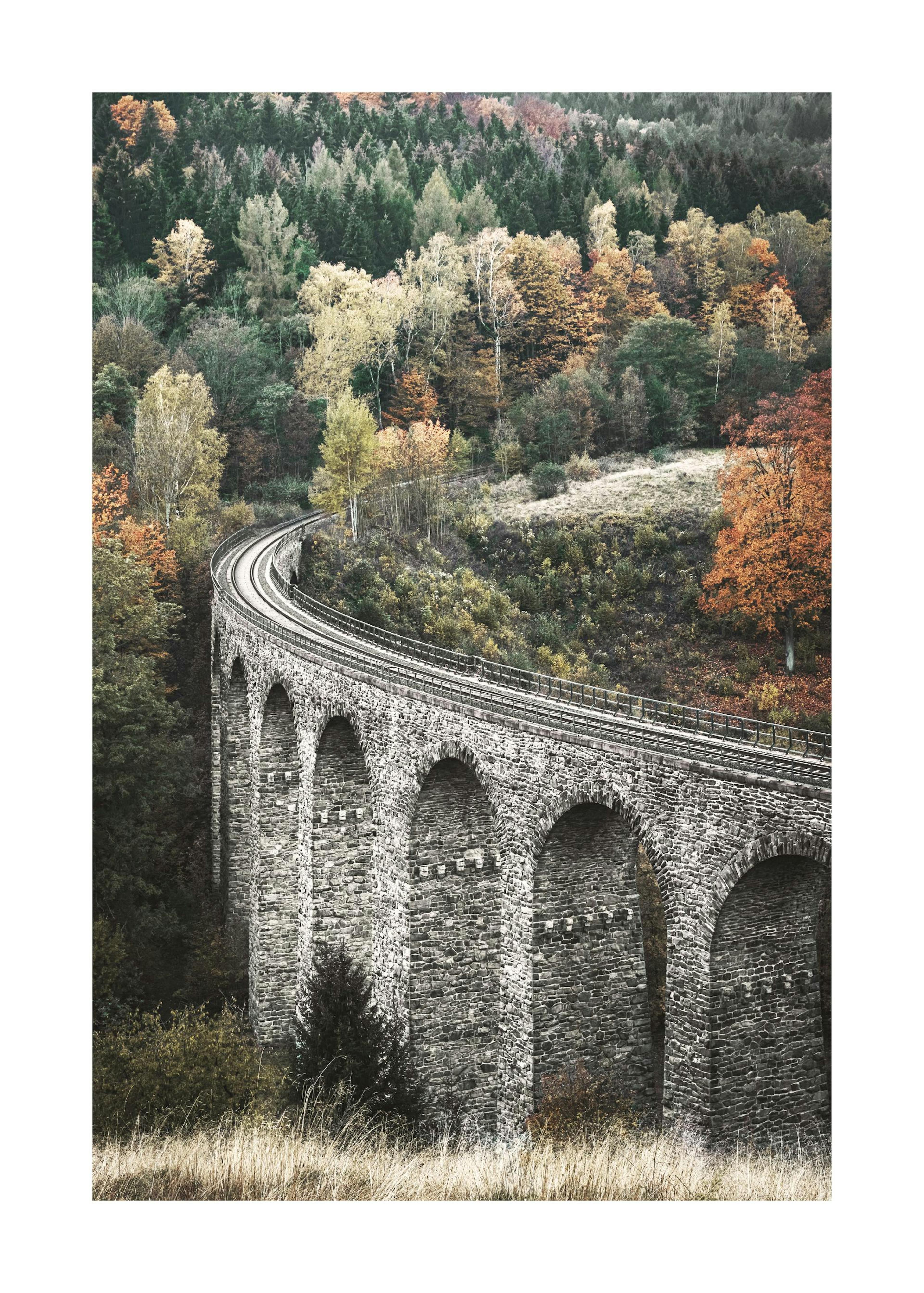 Un poster dun viaduc en pierre avec des rails de train courbés traversant une forêt aux couleurs automnales.