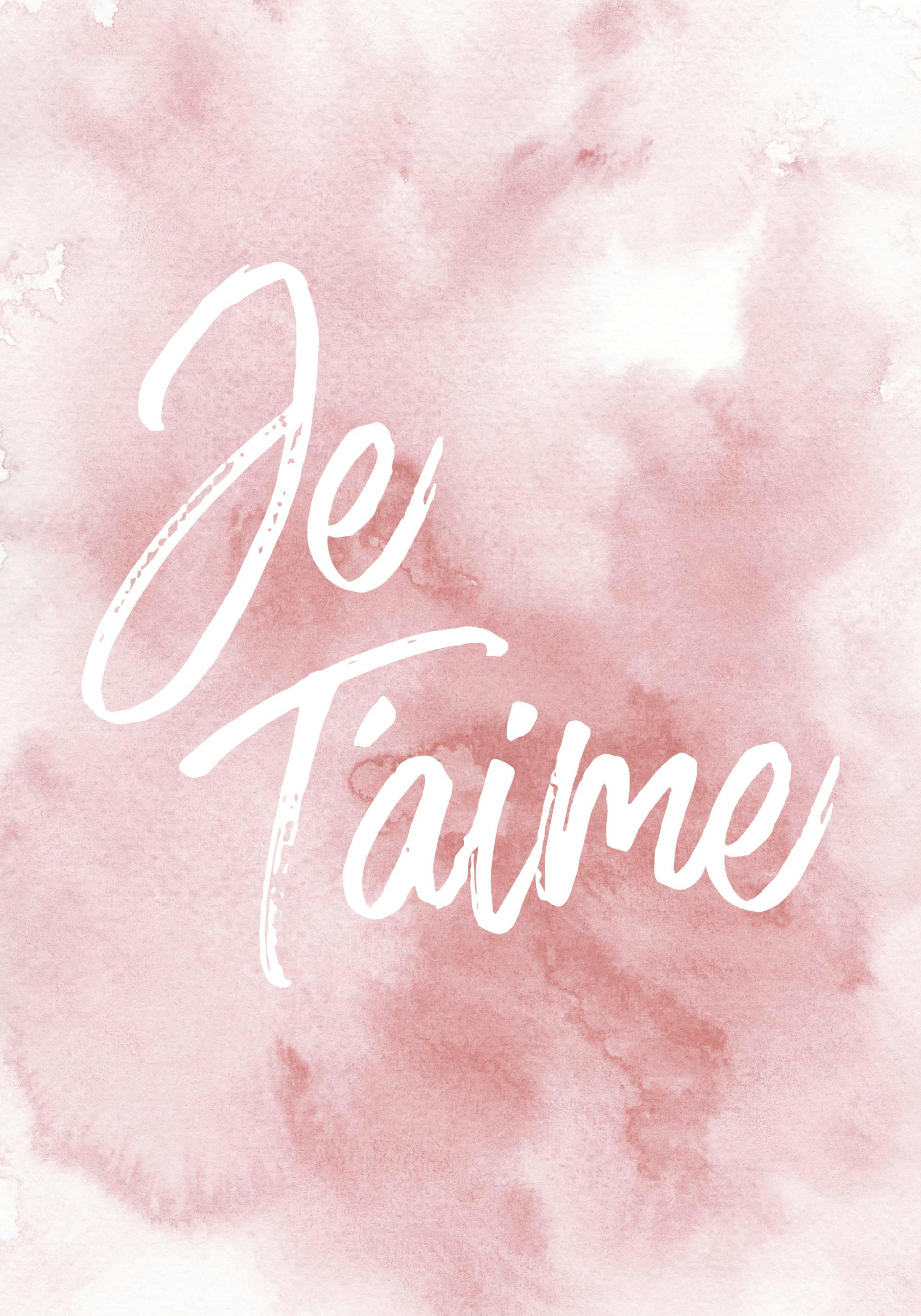 수채화 질감의 분홍색 배경에 Je Taime 문구가 흰색 필기체로 쓰여진 감성적인 poster