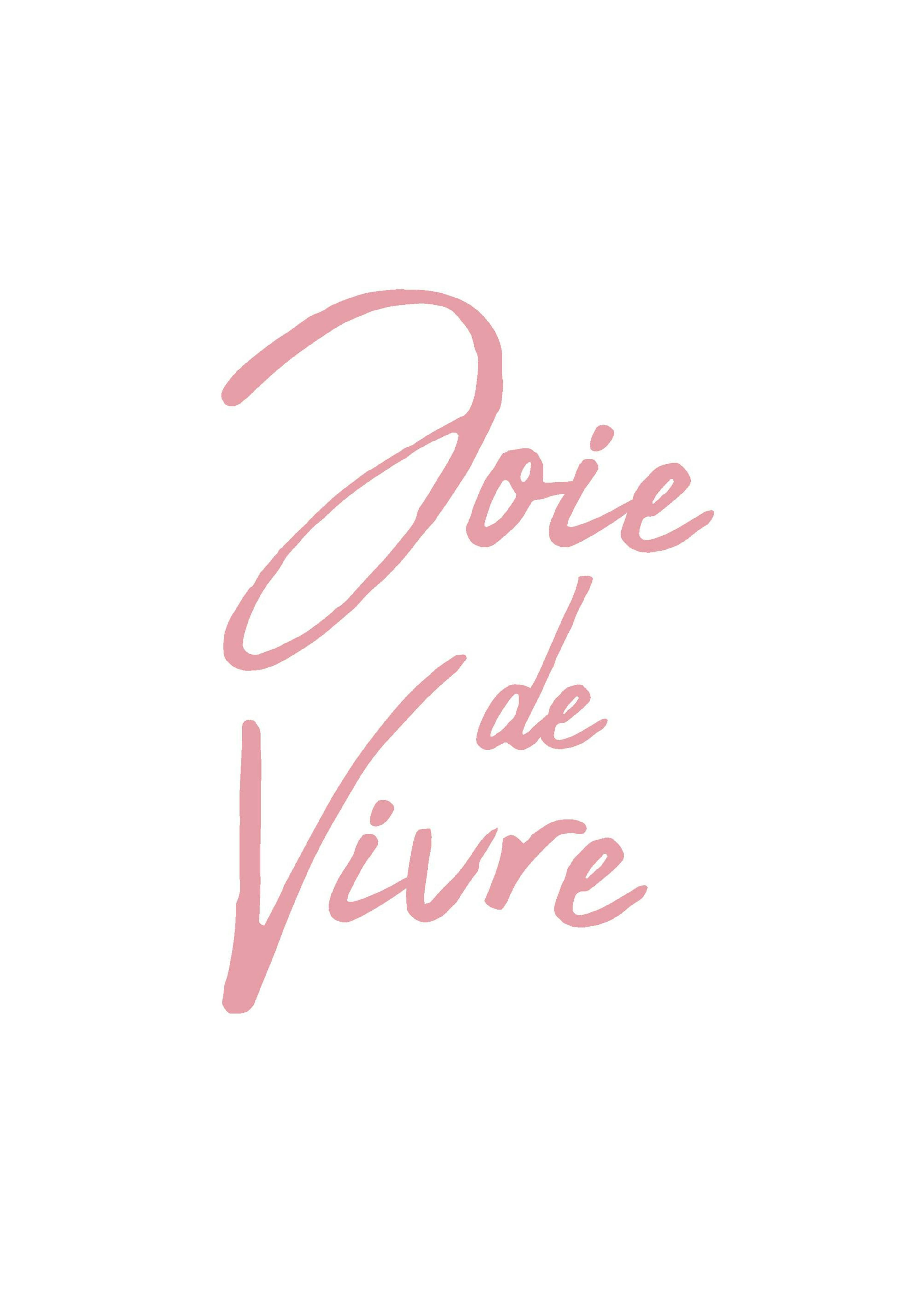 Poster Joie de Vivre en rose sur fond blanc, affiché au-dessus dun chariot de bar doré avec des fleurs et des bouteilles de cham