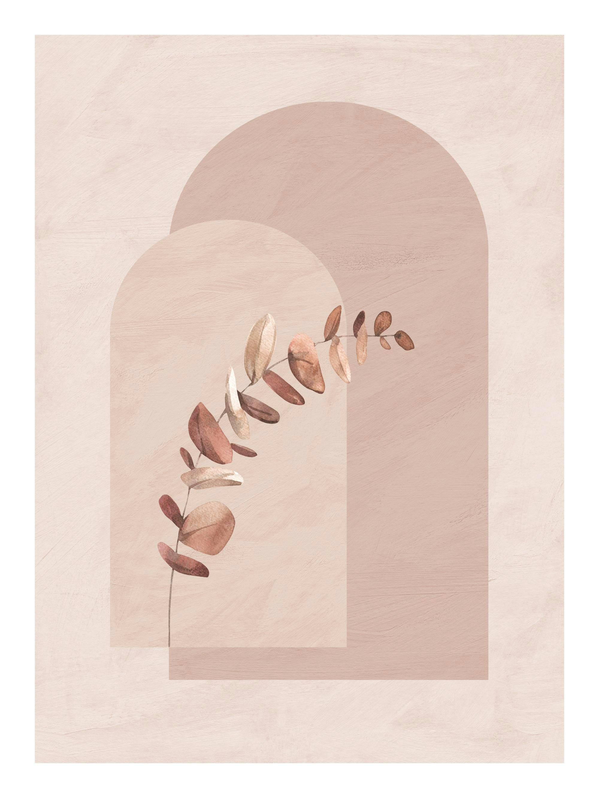 Poster: Ein minimalistisches Poster mit einem Eukalyptuszweig in warmen Brauntönen vor zwei beigen Bögen auf hellem Hintergrund.
