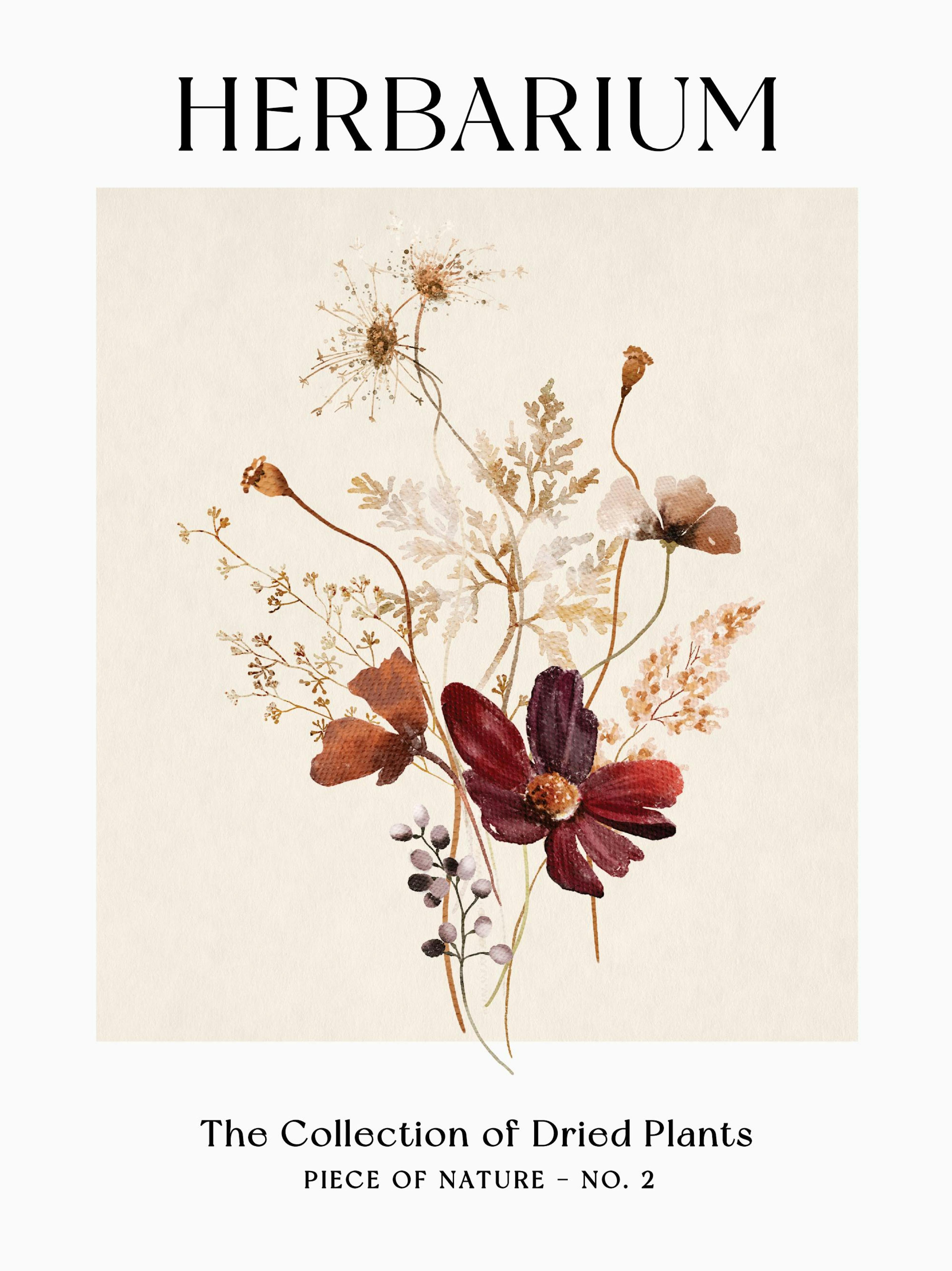 Poster con illustrazione artistica di fiori e piante secche in tonalità marroni, rosse e beige su sfondo chiaro.