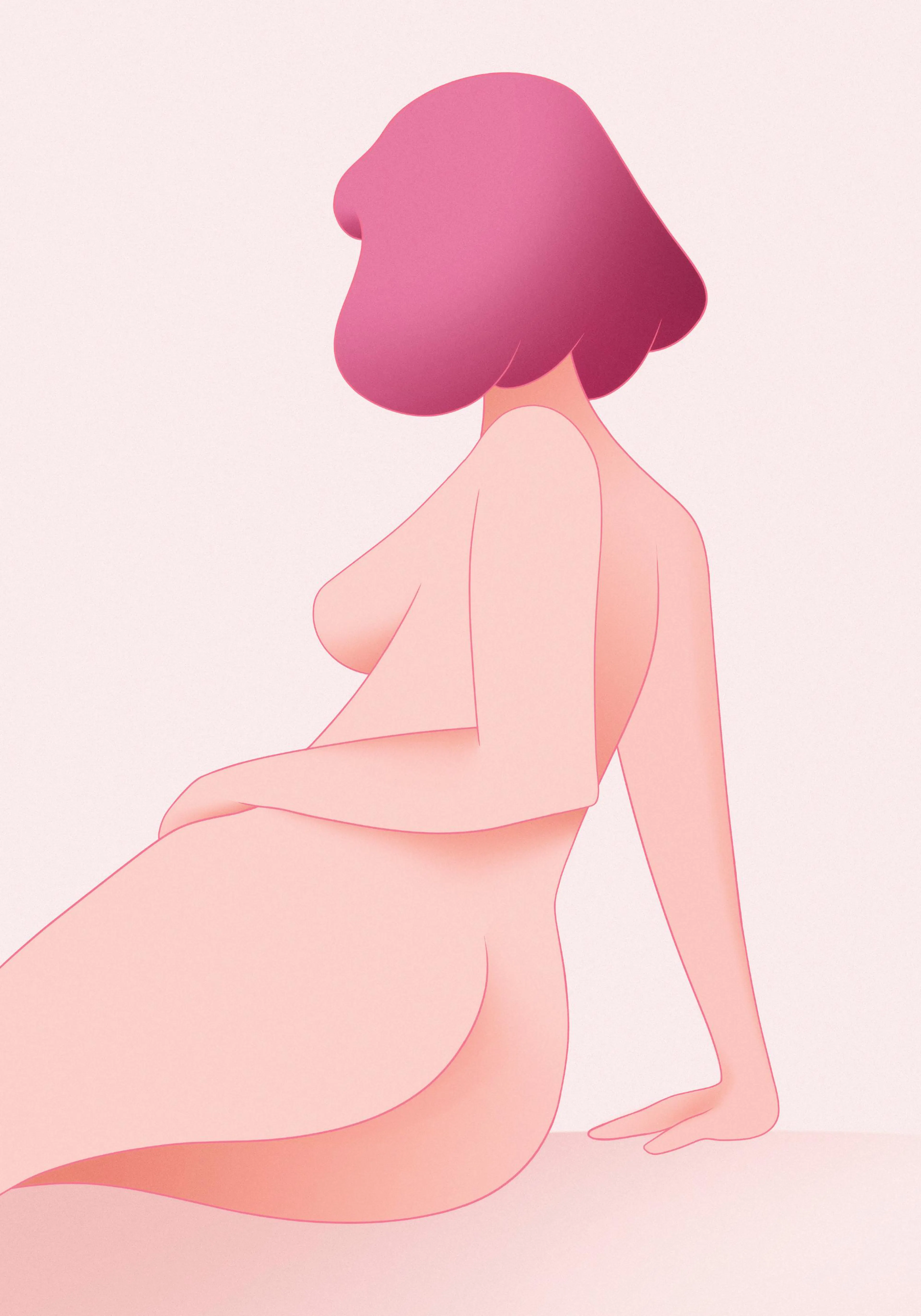 A poster featuring a faceless figure in a seated pose with pink hair and peachy skin tones against a light pink background.