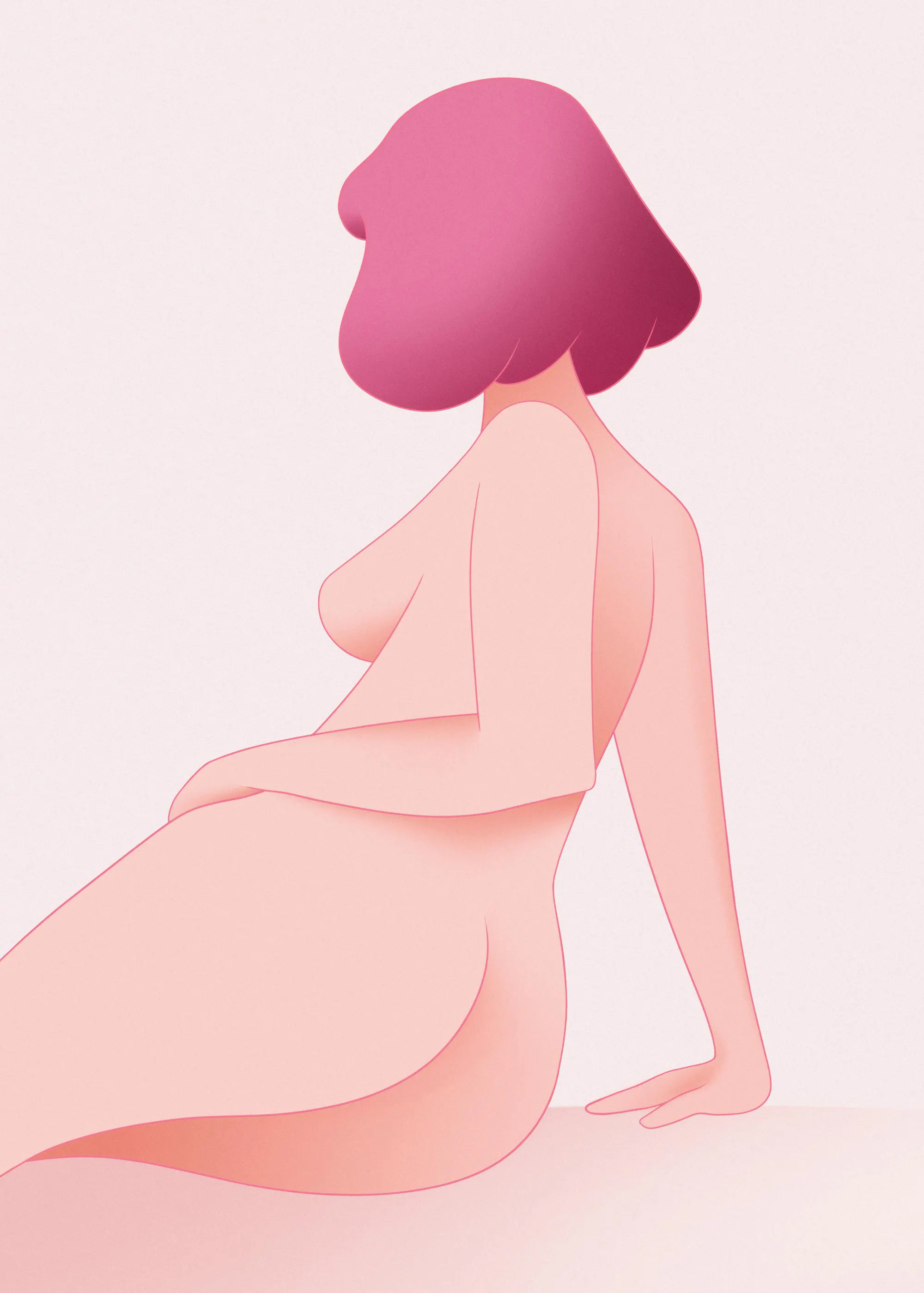 Poster einer sitzenden, nackten Frau mit pinkem Haar in sanften Rosa- und Pinktönen.