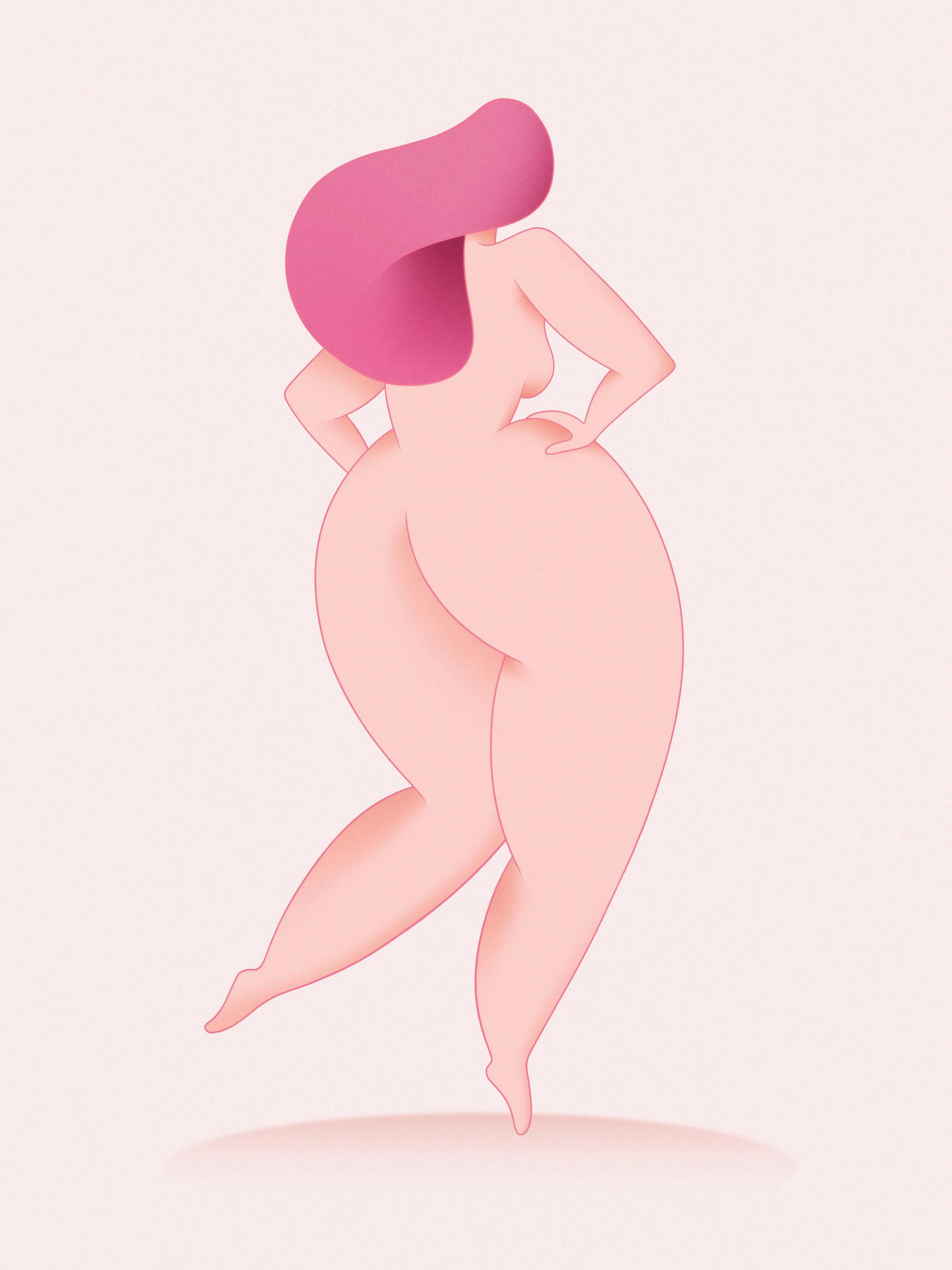 Poster con illustrazione di donna nuda dalle curve generose e capelli rosa, vista di spalle.