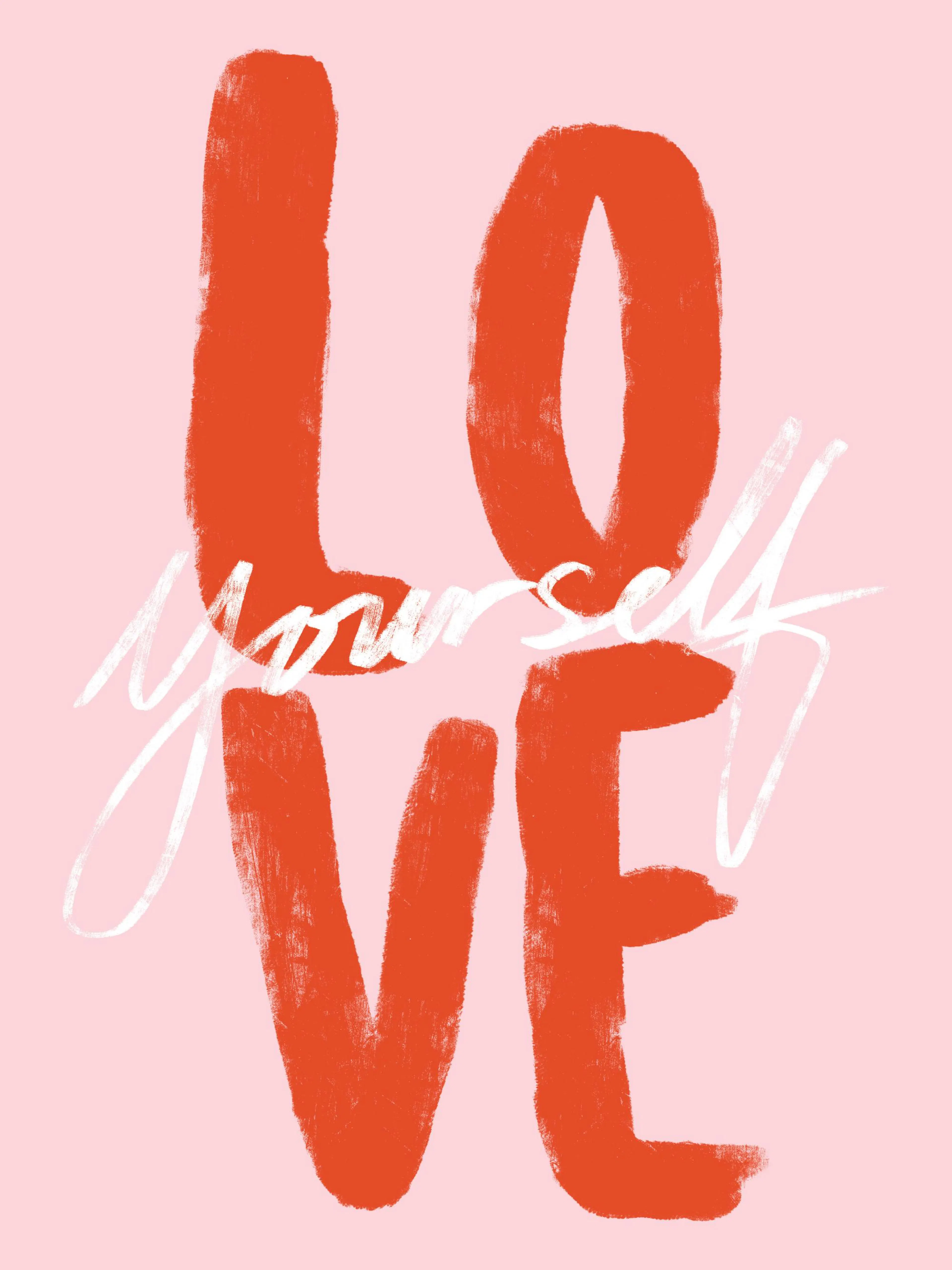 Plakát s nápisem LOVE YOURSELF v oranžové barvě a bílým rukopisným písmem na světle růžovém pozadí.