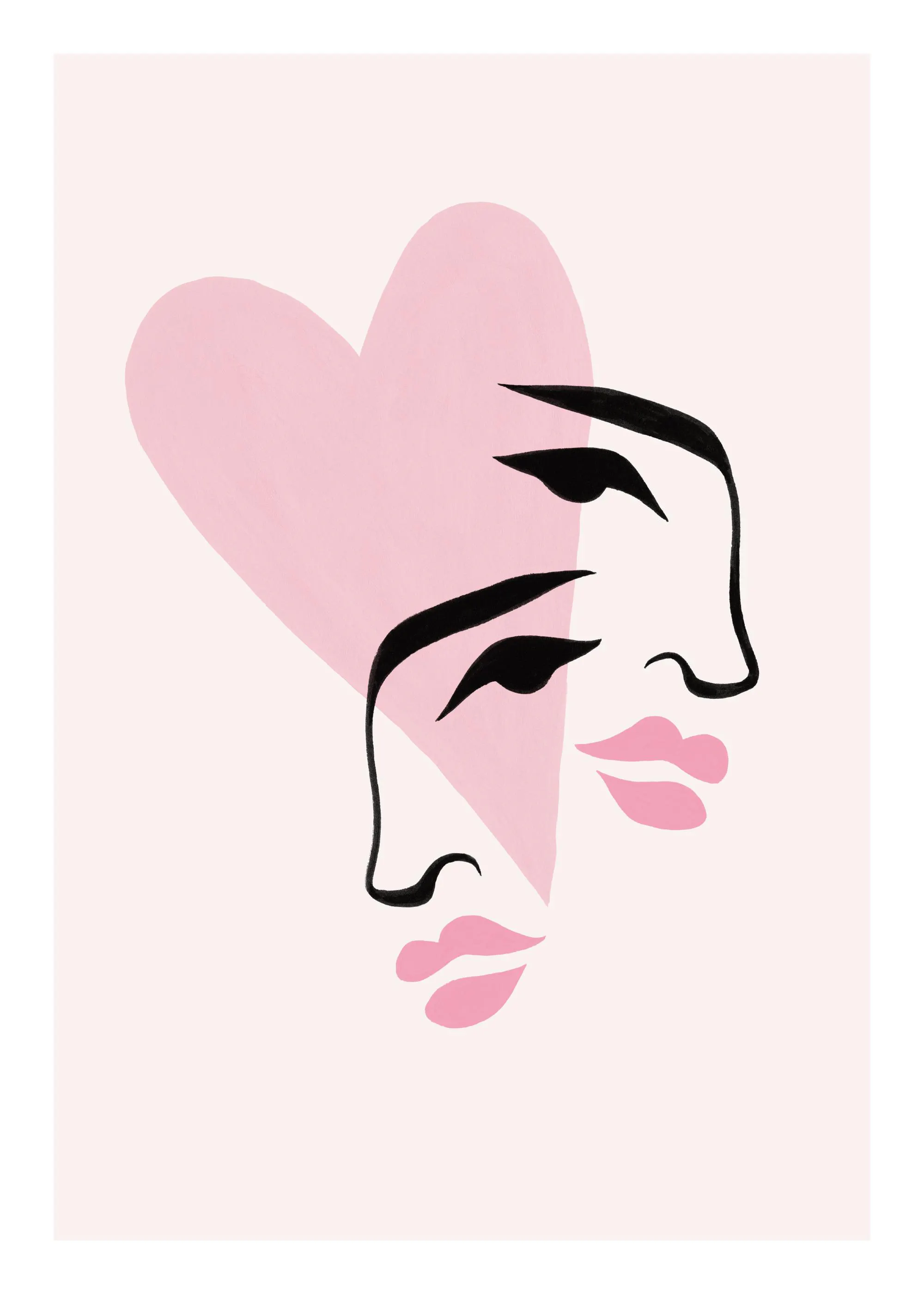 Poster avec un cœur rose pastel et deux visages de femmes abstraits aux lèvres roses et sourcils noirs.
