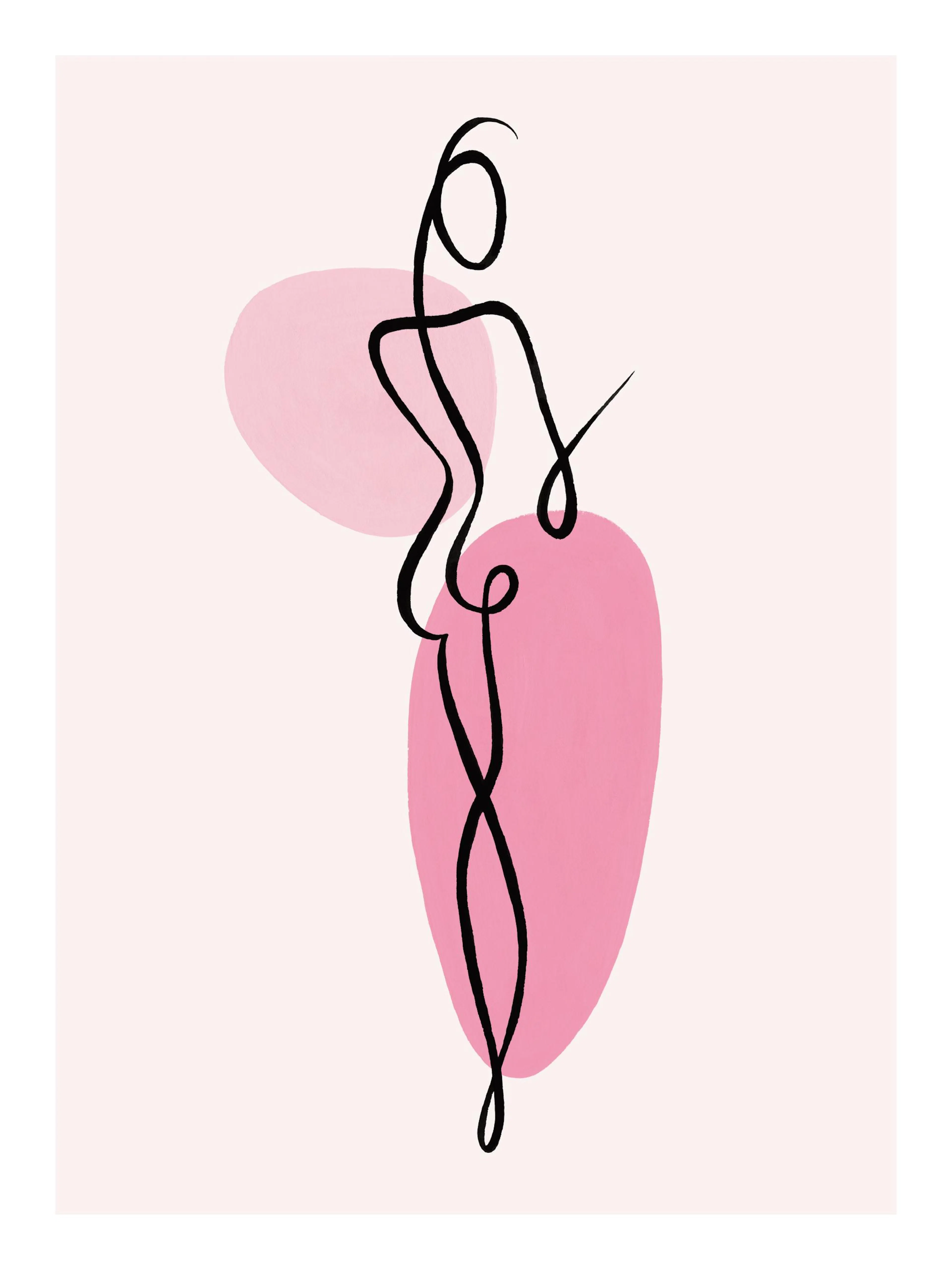 Poster dune figure féminine abstraite en dessin au trait noir, avec des formes organiques roses sur fond pâle.