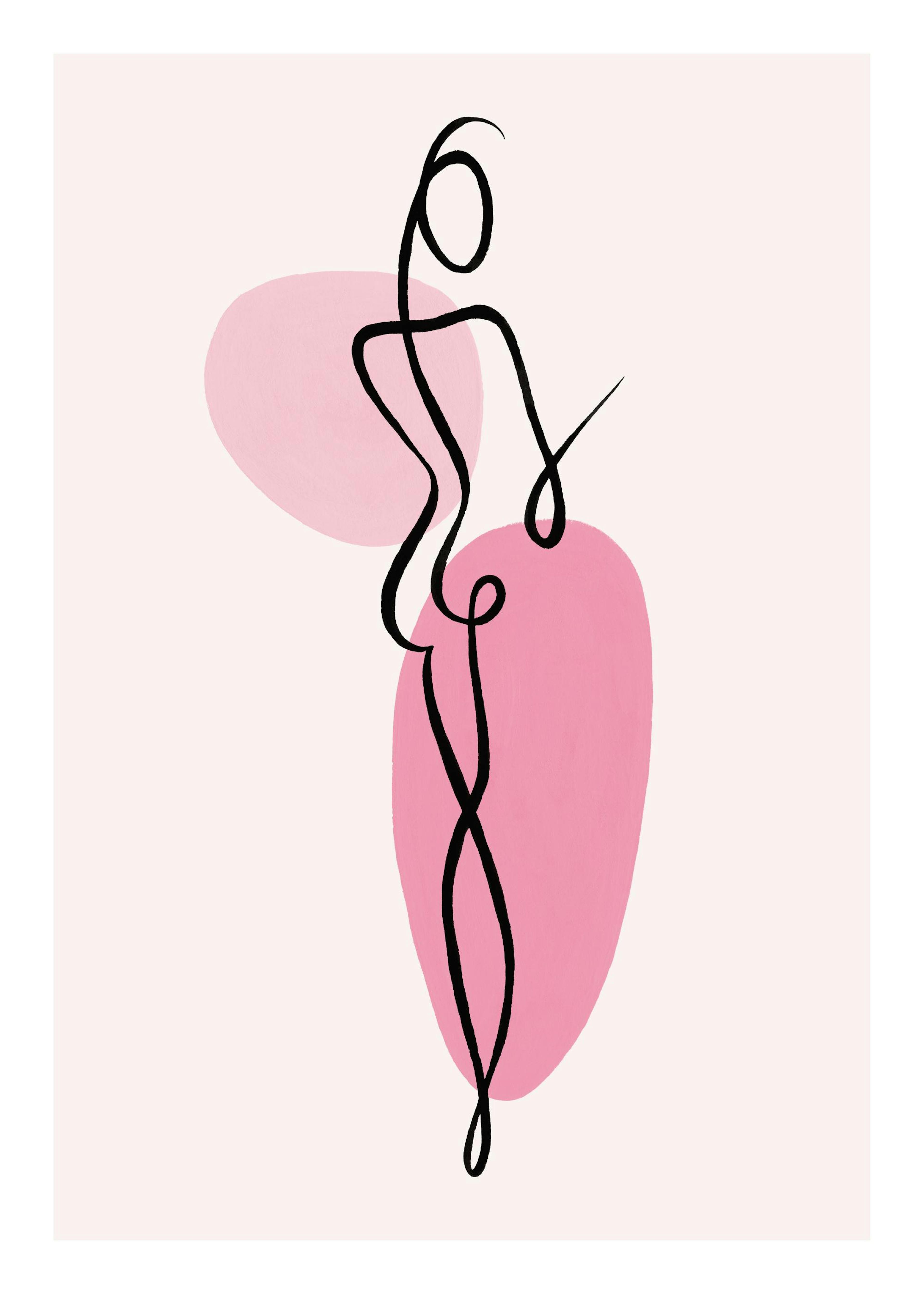 A poster featuring a black continuous line drawing of a female figure on a light pink background with two pink abstract shapes.