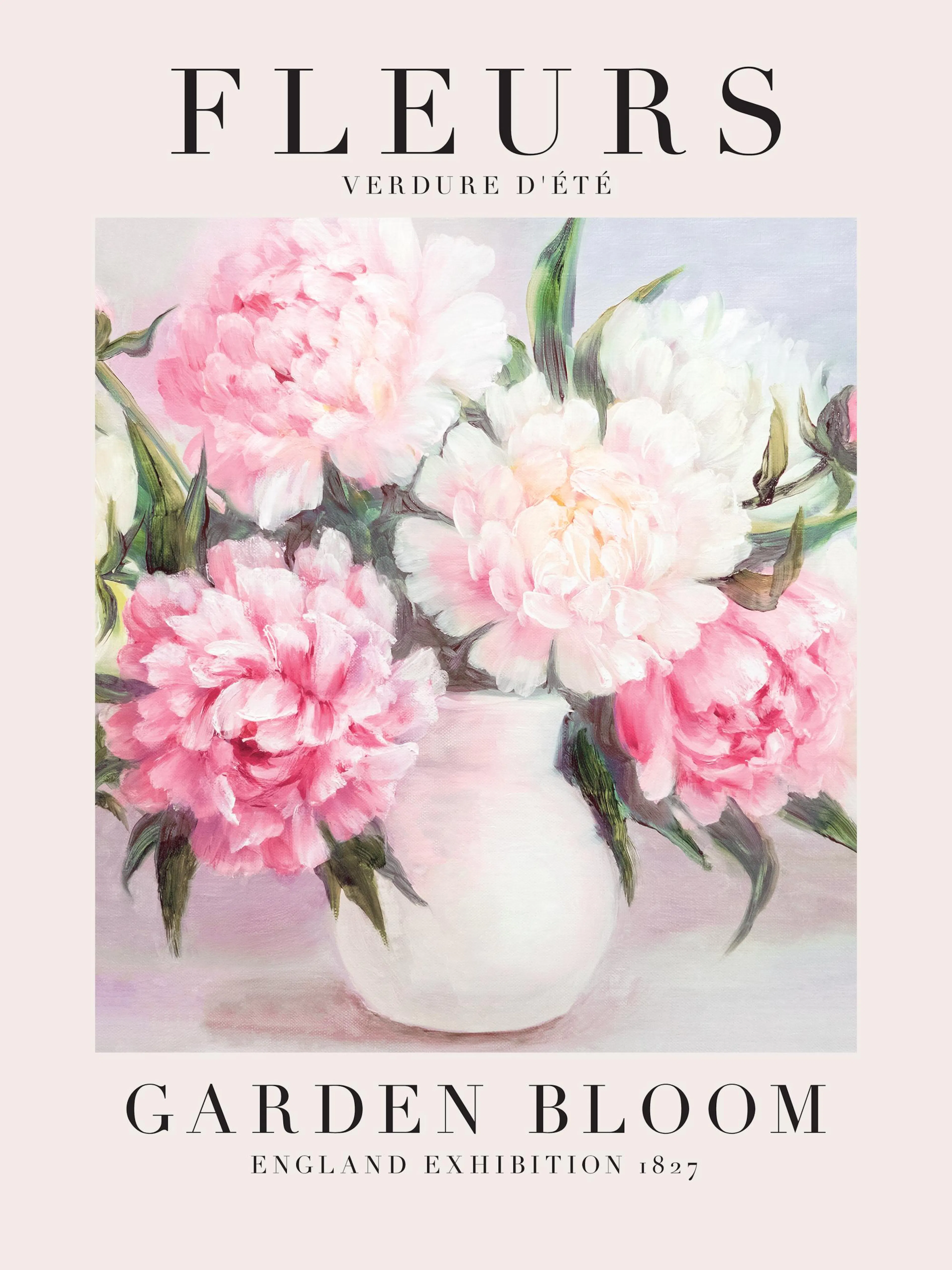 Un poster représentant un bouquet de pivoines roses et blanches dans un vase blanc, avec le texte Fleurs et Garden Bloom.