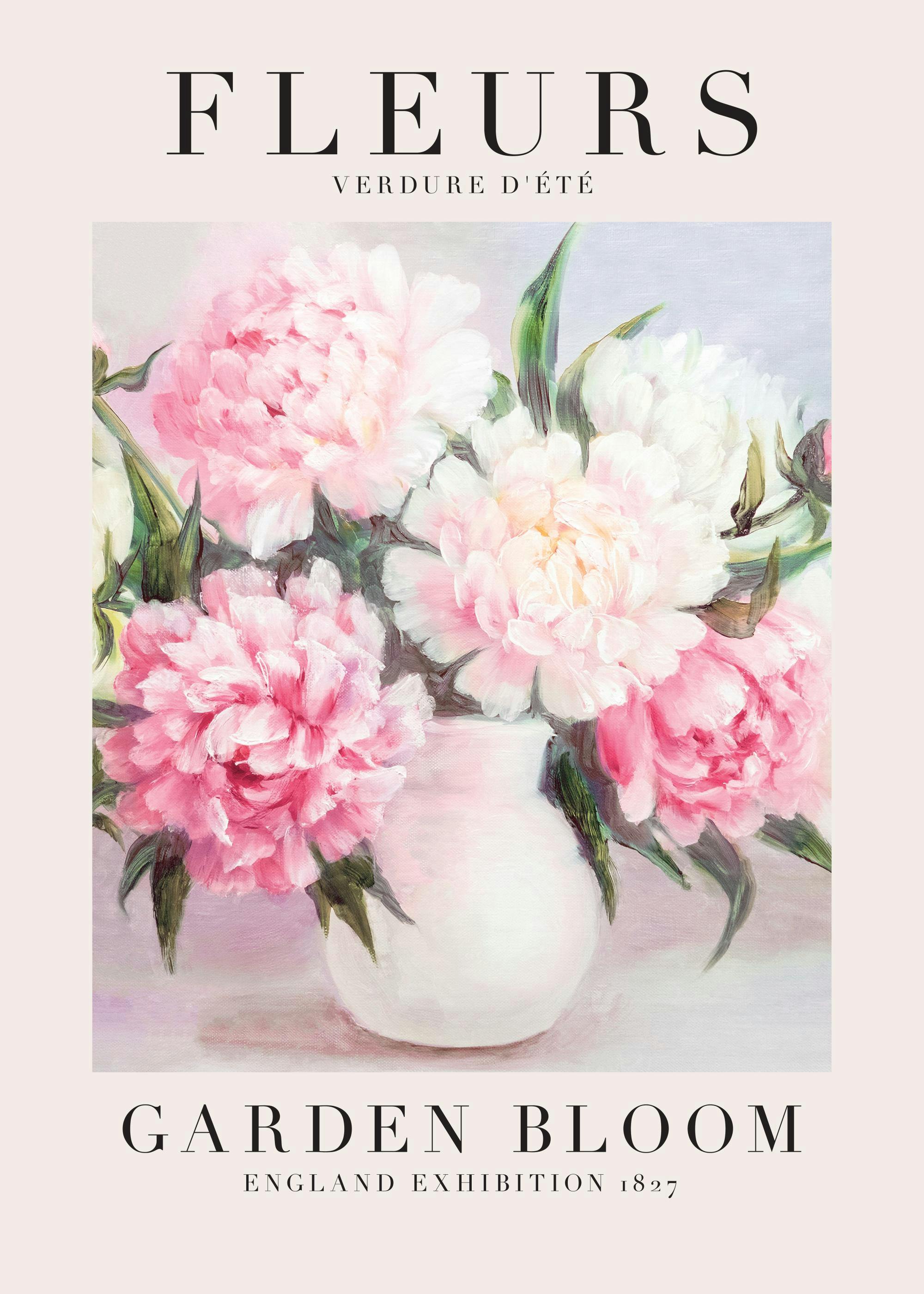 A poster featuring an oil painting of a bouquet of pink and white peonies in a white vase.