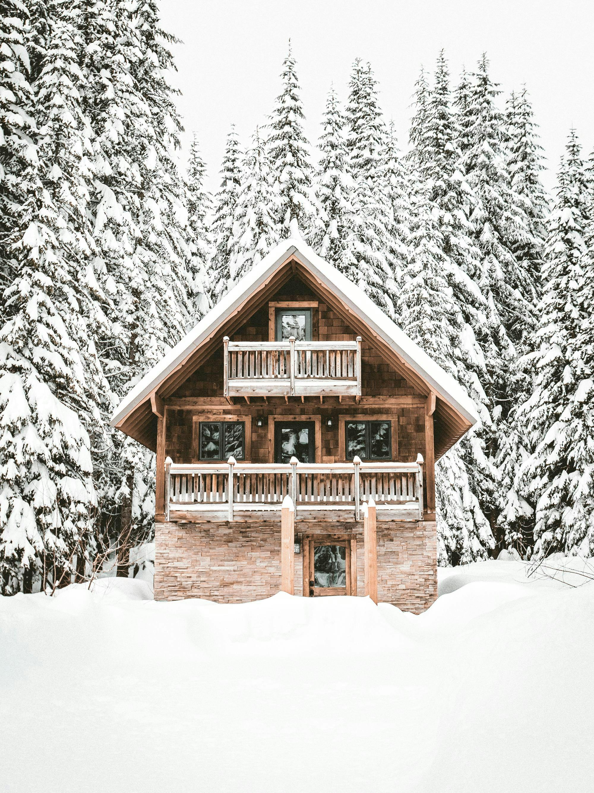 A poster featuring a rustic wooden and stone cabin surrounded by snow-covered pine trees and deep snow.