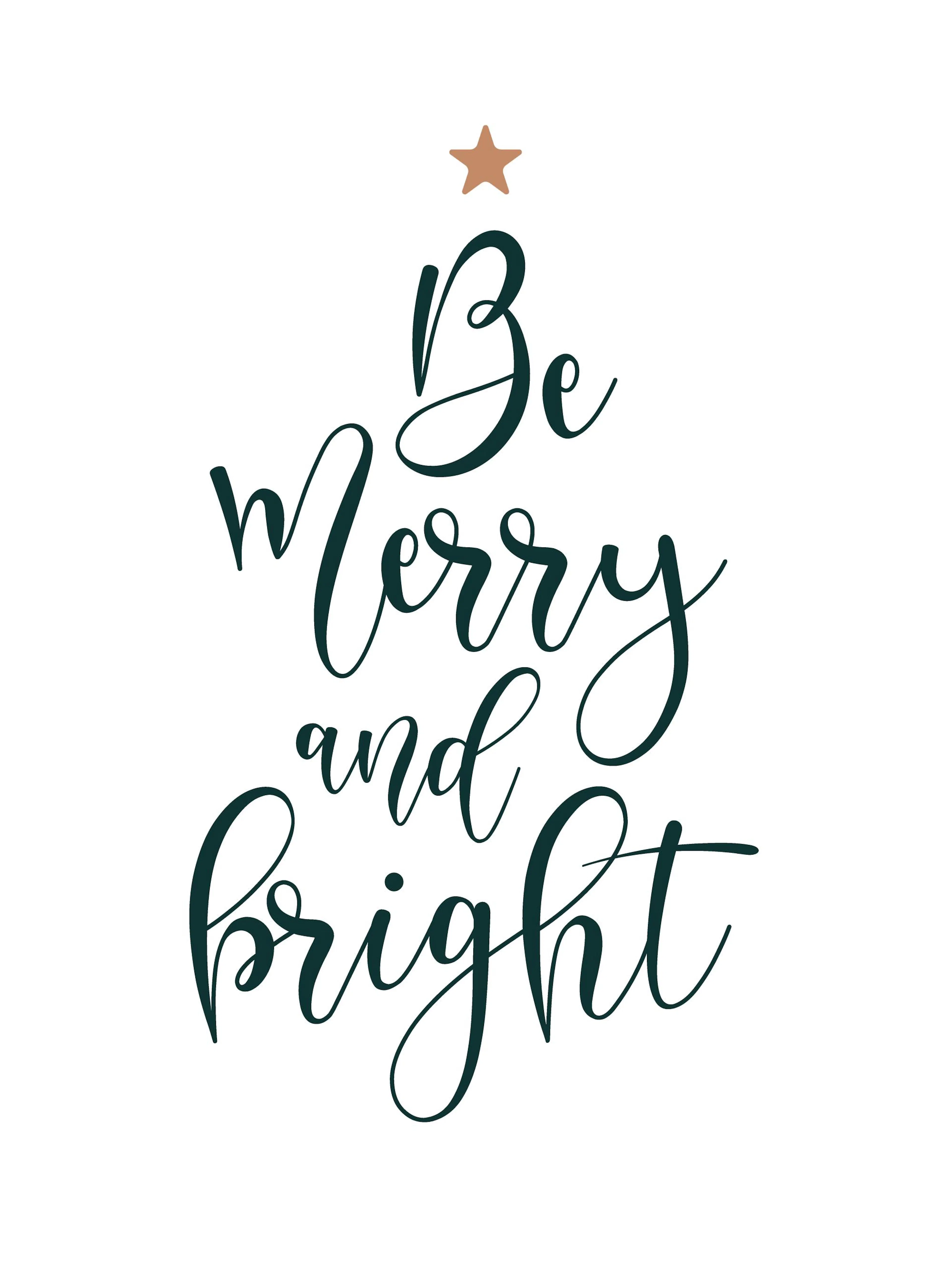 Póster festivo con Be Merry and Bright en caligrafía verde oscuro, coronado por una estrella.