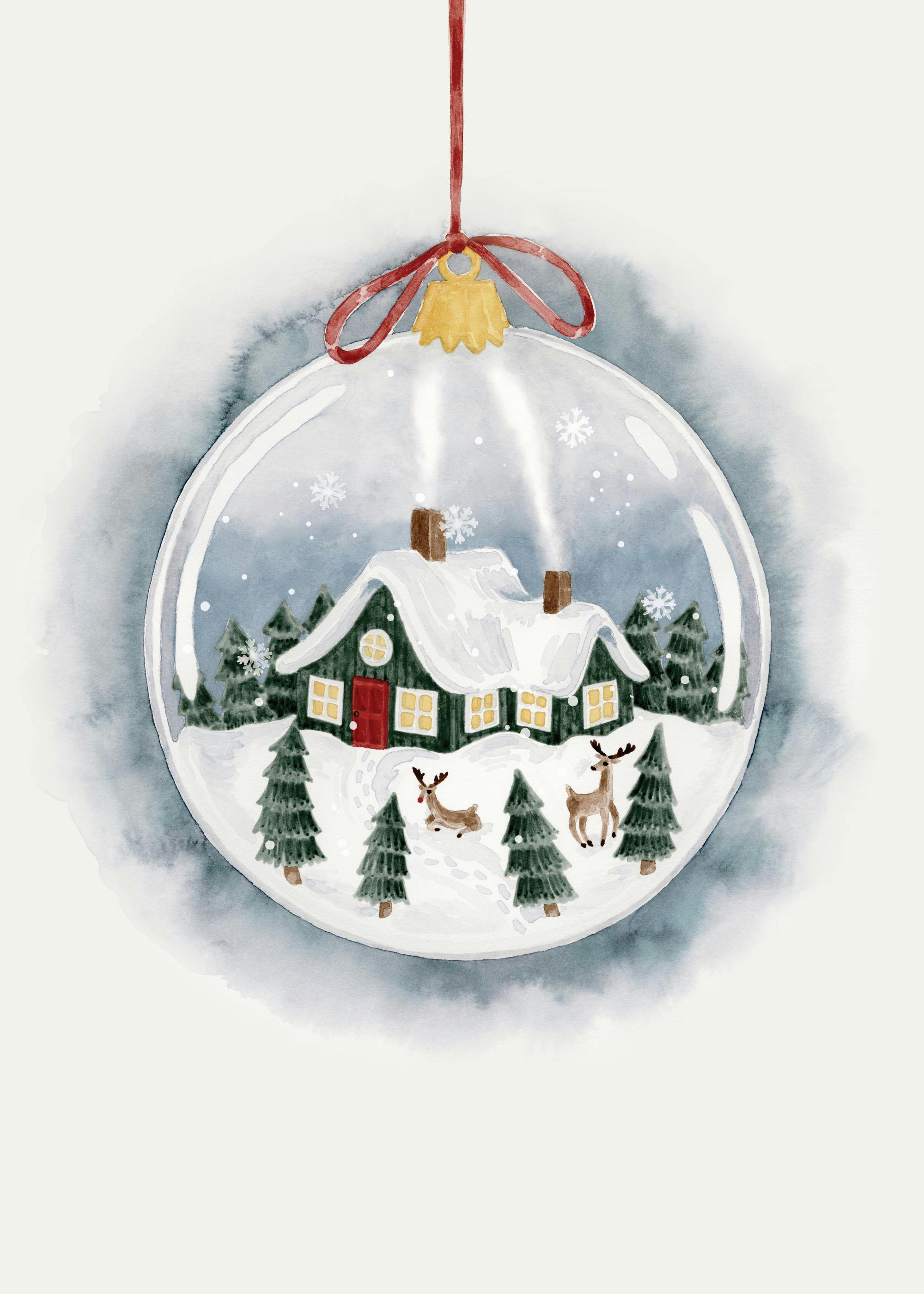 A poster of a watercolor Christmas ornament with a snowy house, pine trees, and two deer inside.