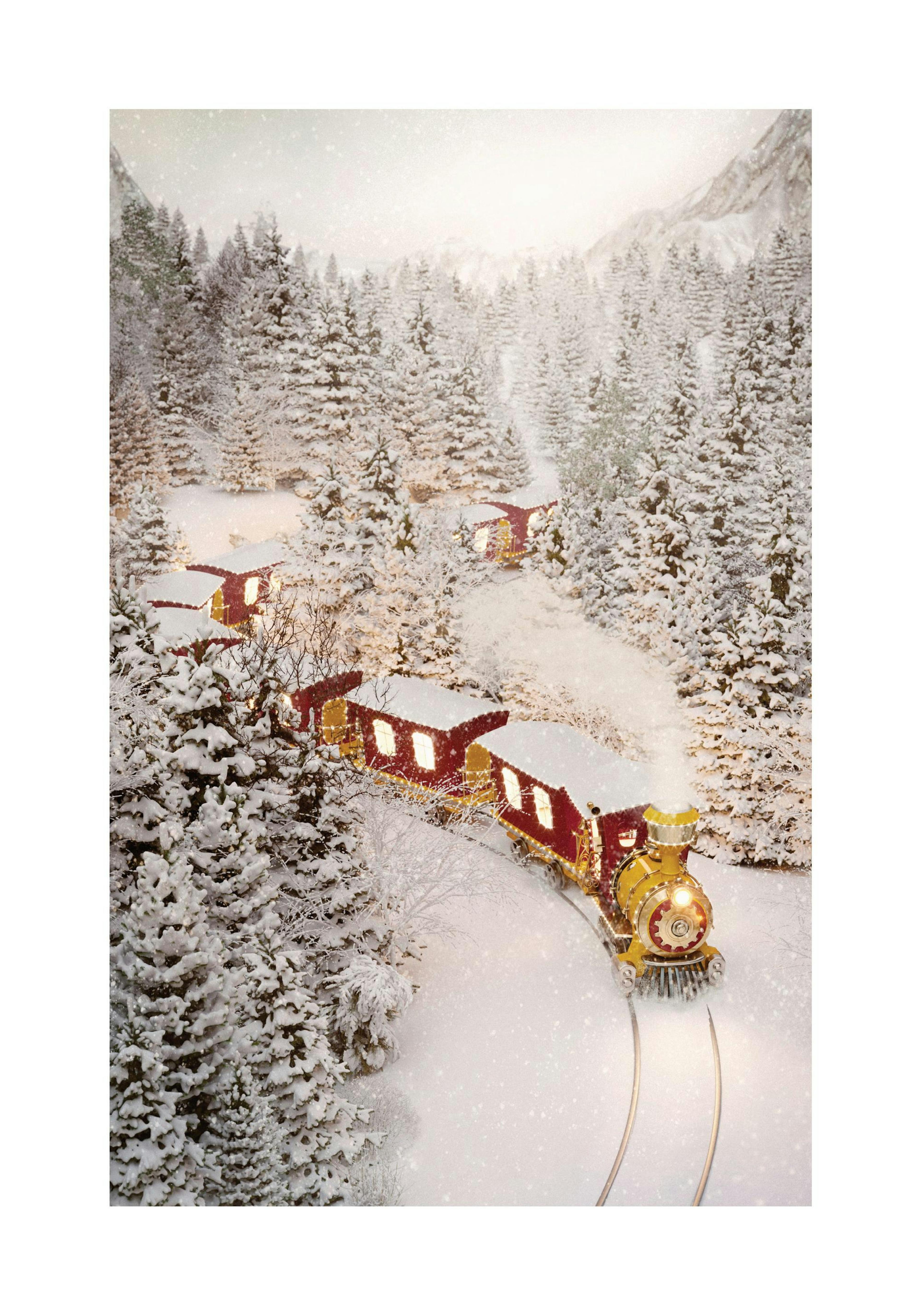 A poster of a red and yellow Christmas train on snowy tracks in a winter forest, hanging on a green wall above a wooden bench wi