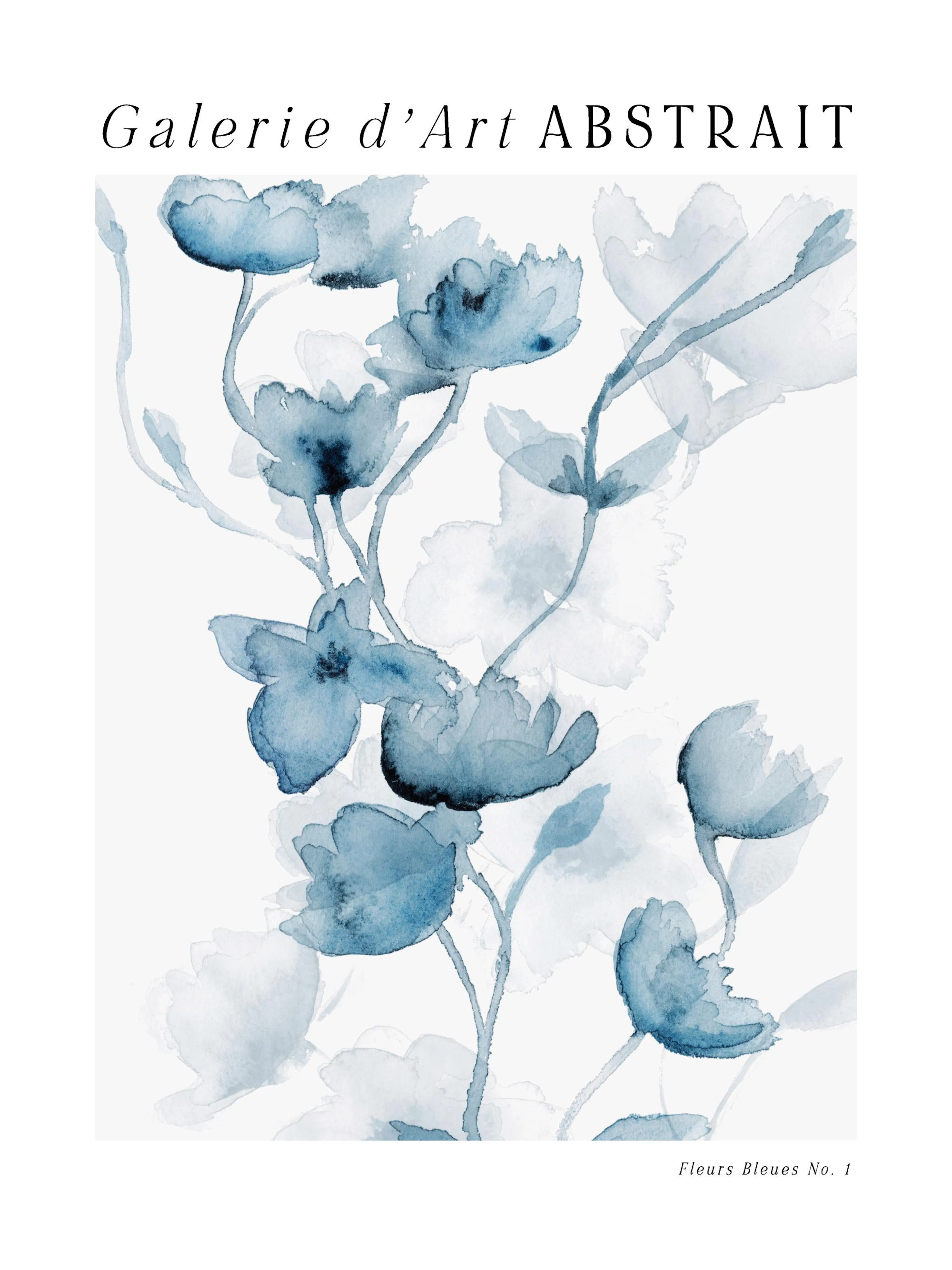 En poster med akvarellmålade blå blommor i olika nyanser på vit bakgrund, med texten Galerie dArt ABSTRAIT.