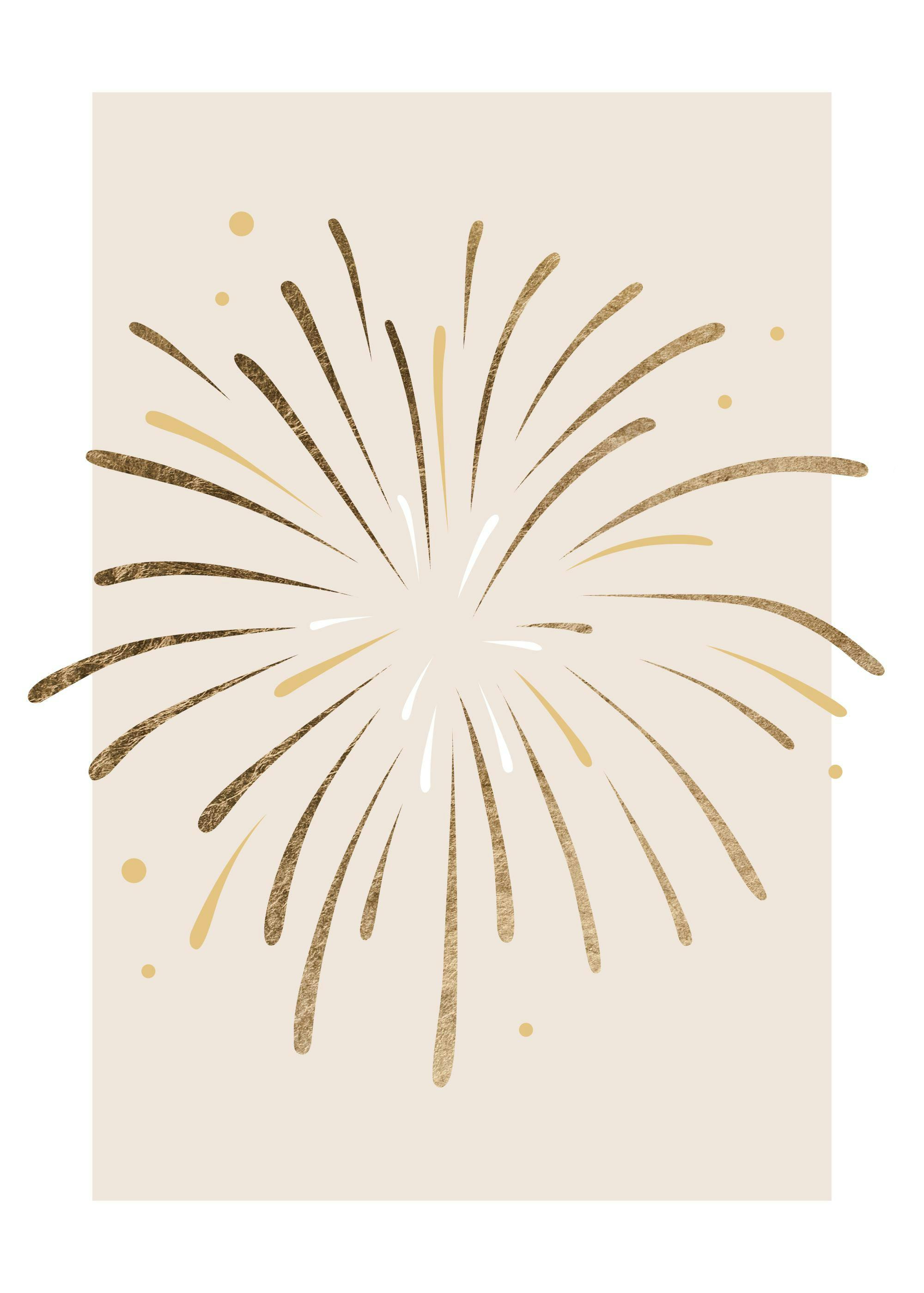Póster festivo con fuegos artificiales abstractos dorados y beige sobre un fondo claro, con pequeños puntos redondos dorados.