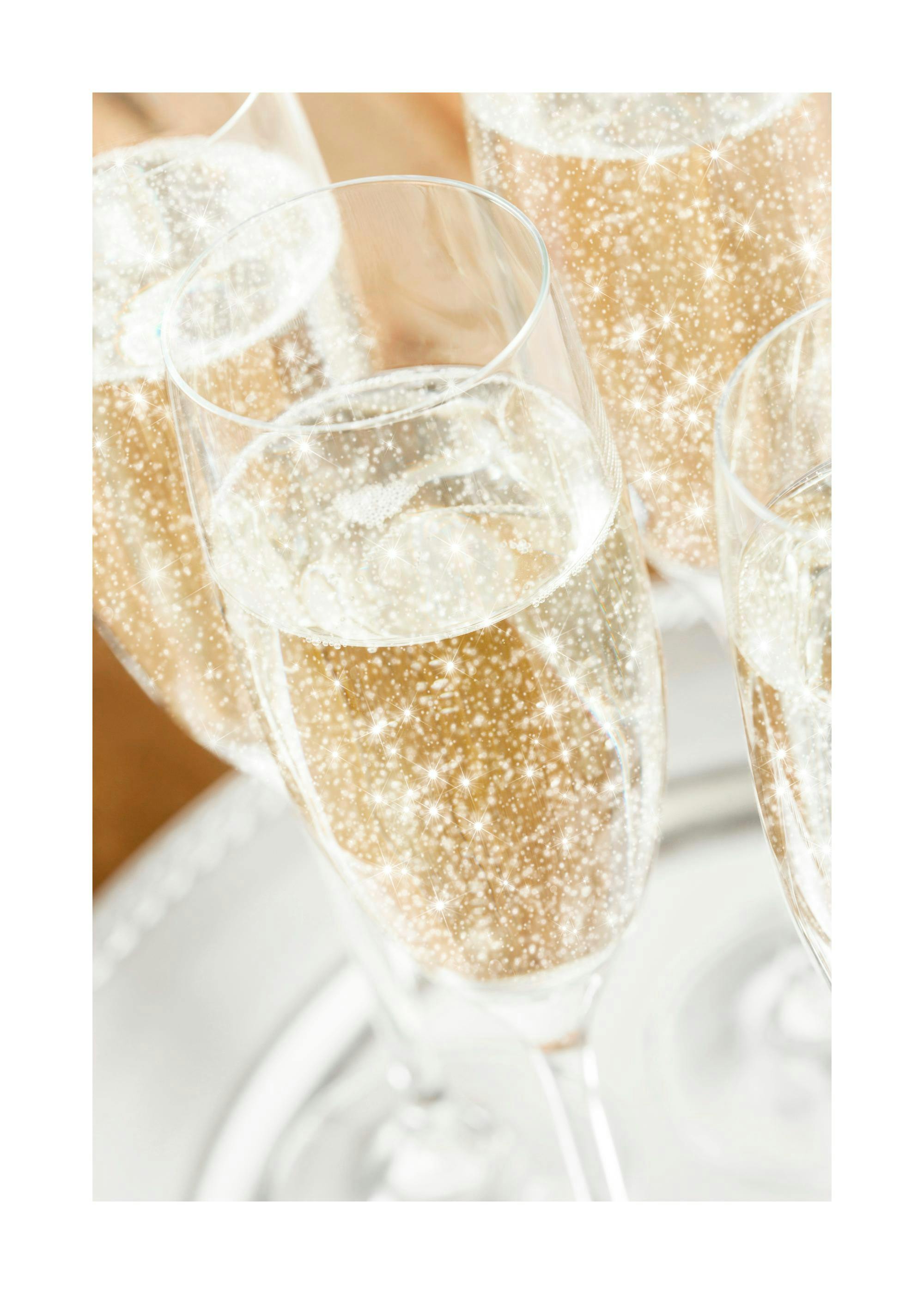 A poster featuring three champagne flutes filled with sparkling bubbly and glittery highlights.