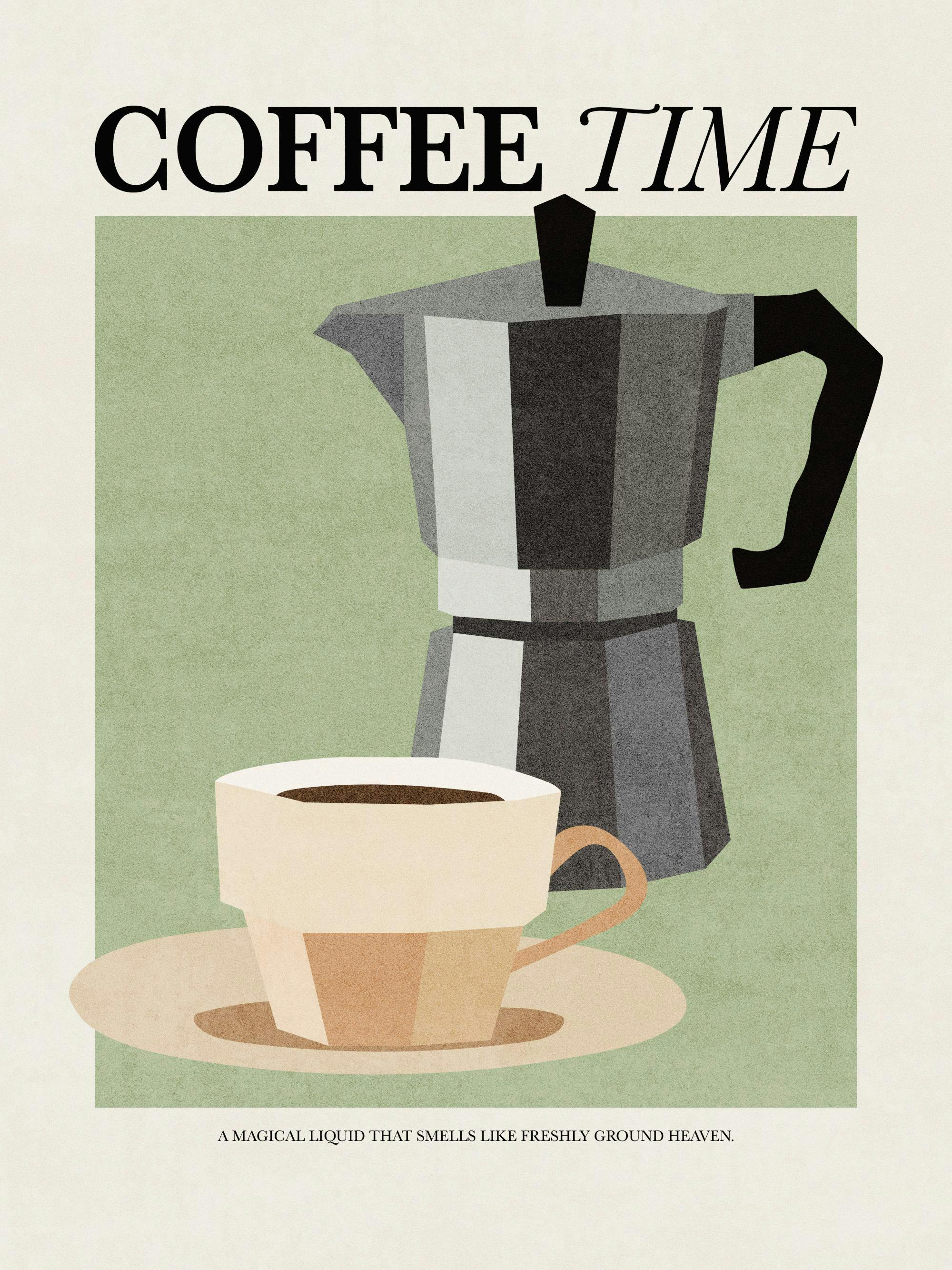 Poster rétro Coffee Time avec une cafetière italienne et une tasse de café sur fond vert clair.