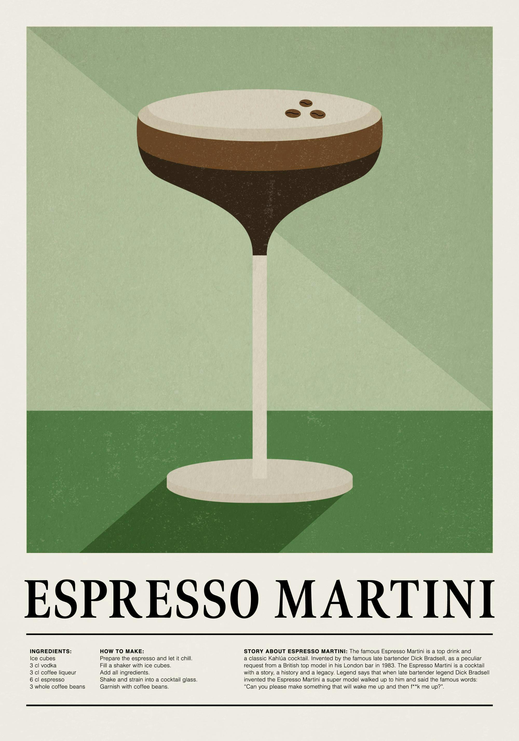 Poster eines Espresso Martinis mit drei Kaffeebohnen auf hellgrünem Hintergrund, unten Infos zum Cocktail.