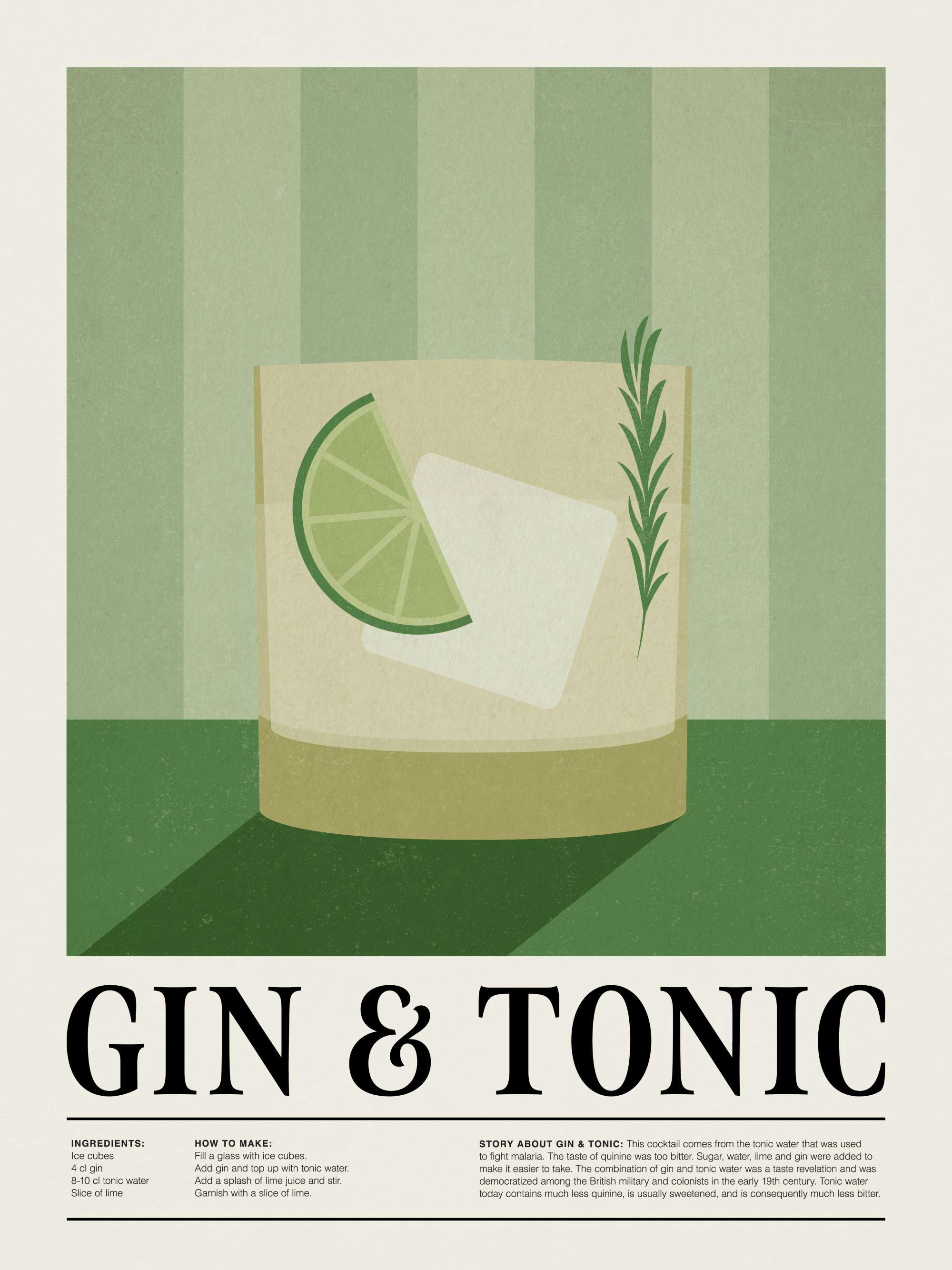 Poster du cocktail Gin & Tonic avec une tranche de citron vert, une feuille de romarin et des glaçons.