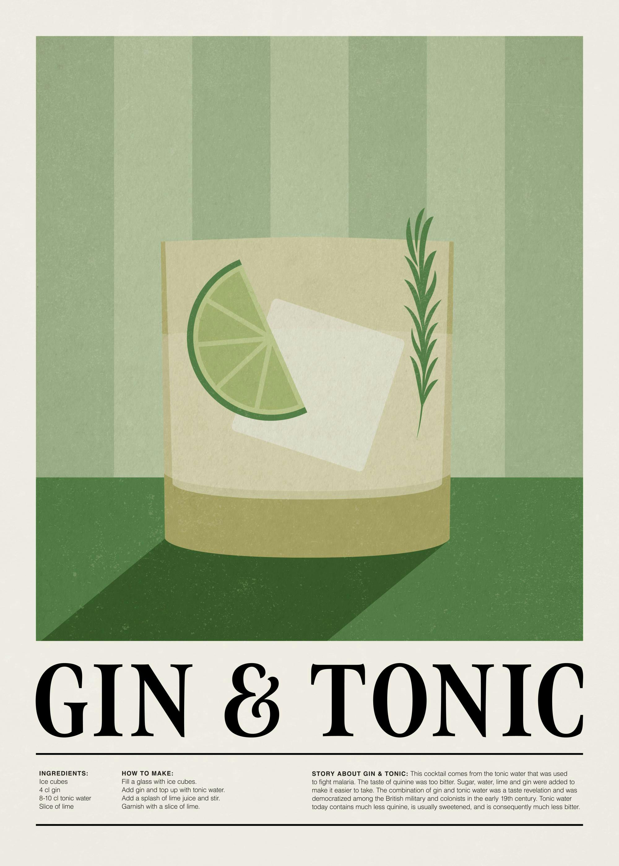 Plakat med en Gin & Tonic cocktail, en skive lime, isterninger, og rosmarin på en grøn og beige baggrund.