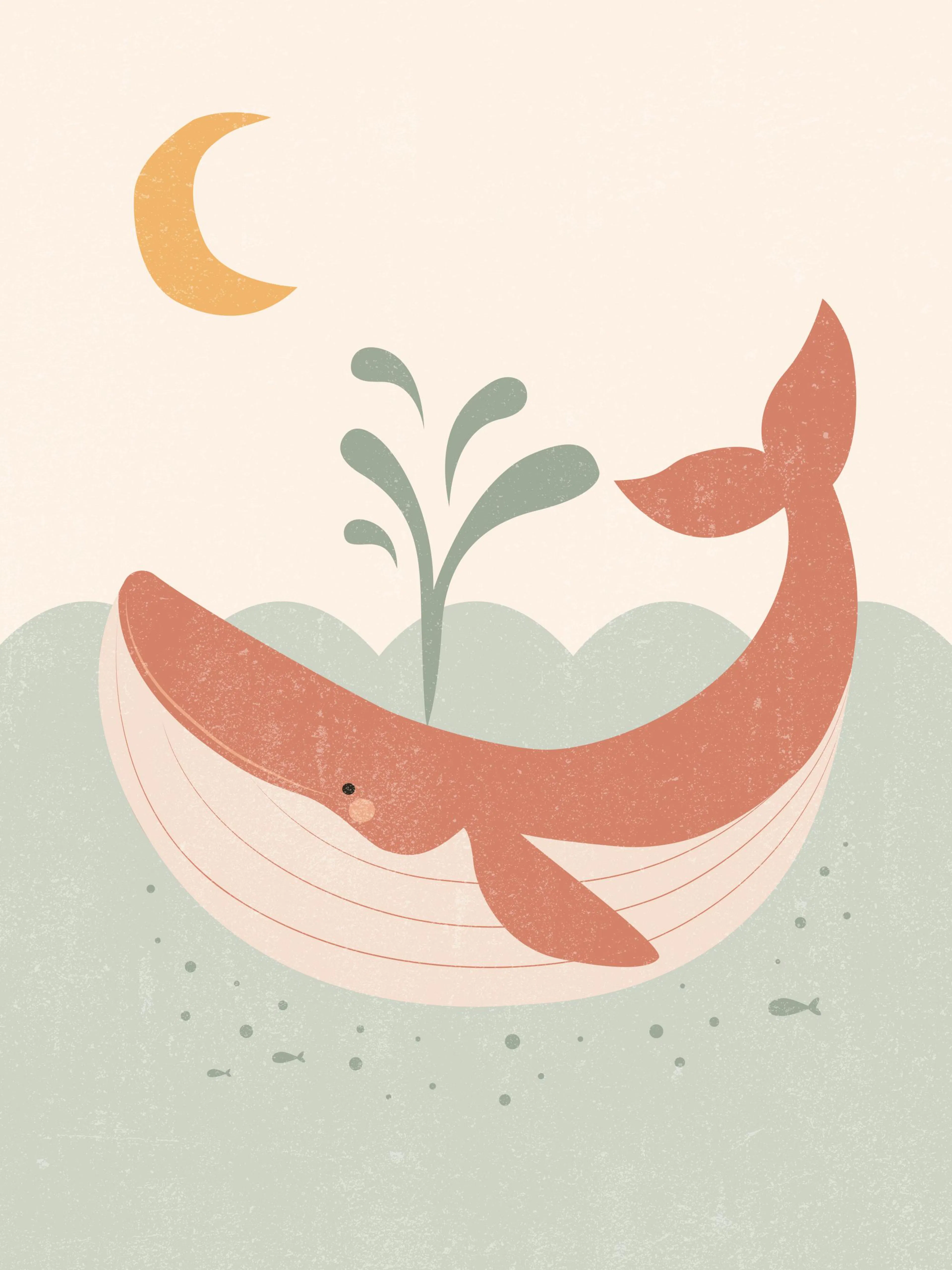 Poster dune baleine rose-orangé nageant dans locéan sous un croissant de lune jaune.