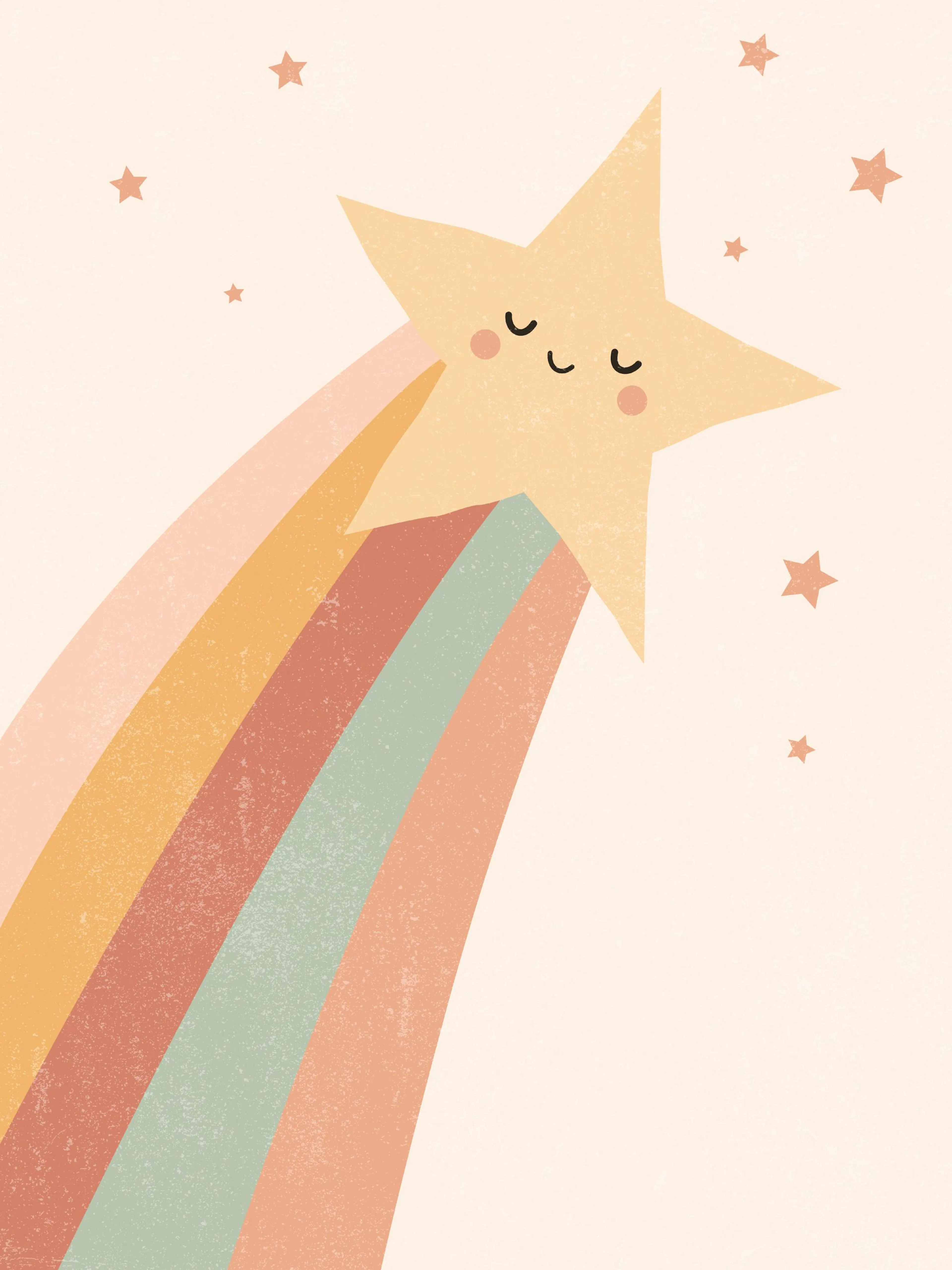 Póster de una estrella fugaz amarilla sonriente con un rastro de arcoíris en tonos pastel y pequeñas estrellas.