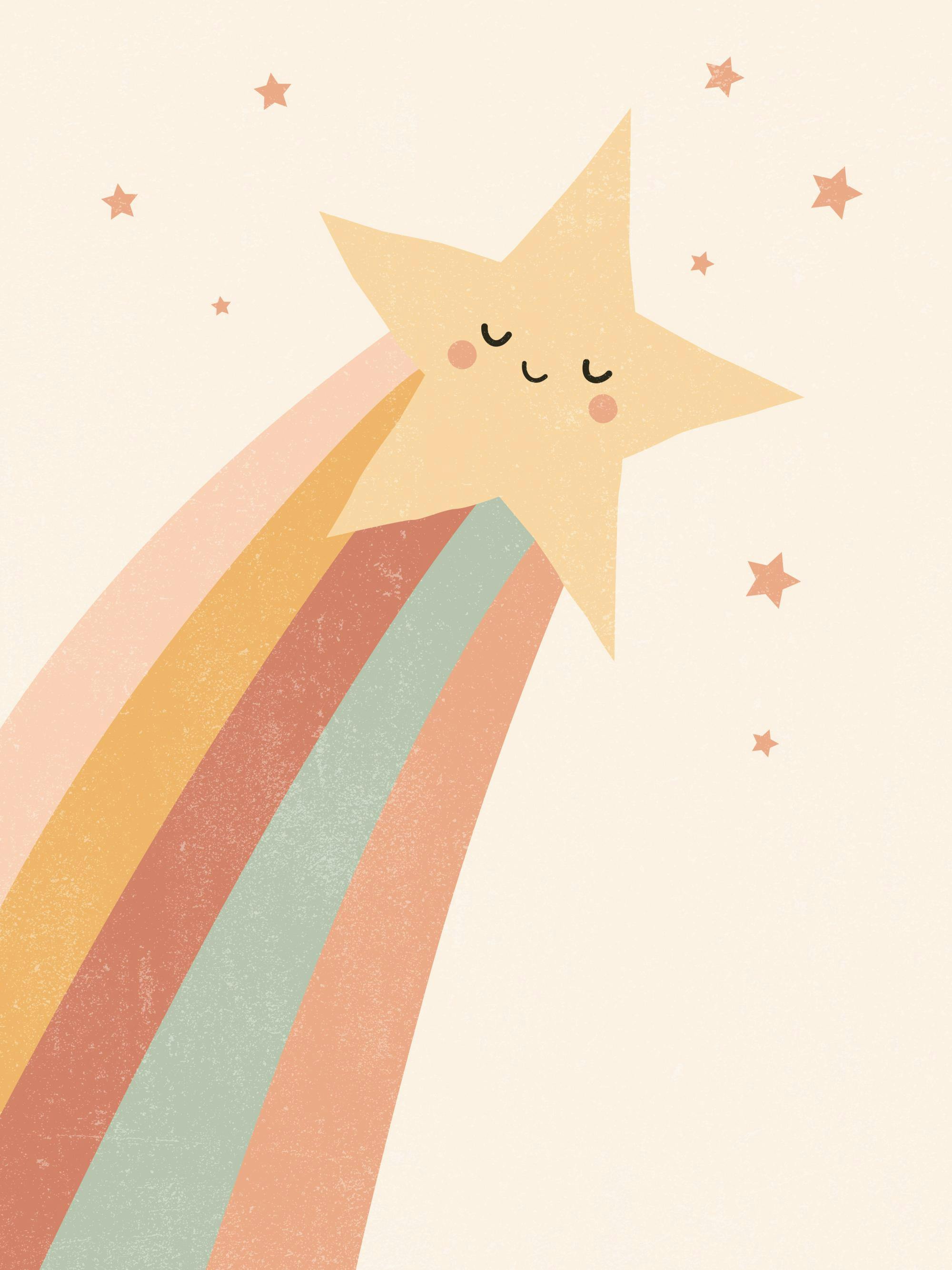 미소 짓는 노란 별이 무지개 꼬리를 남기며 날아가는 귀여운 poster