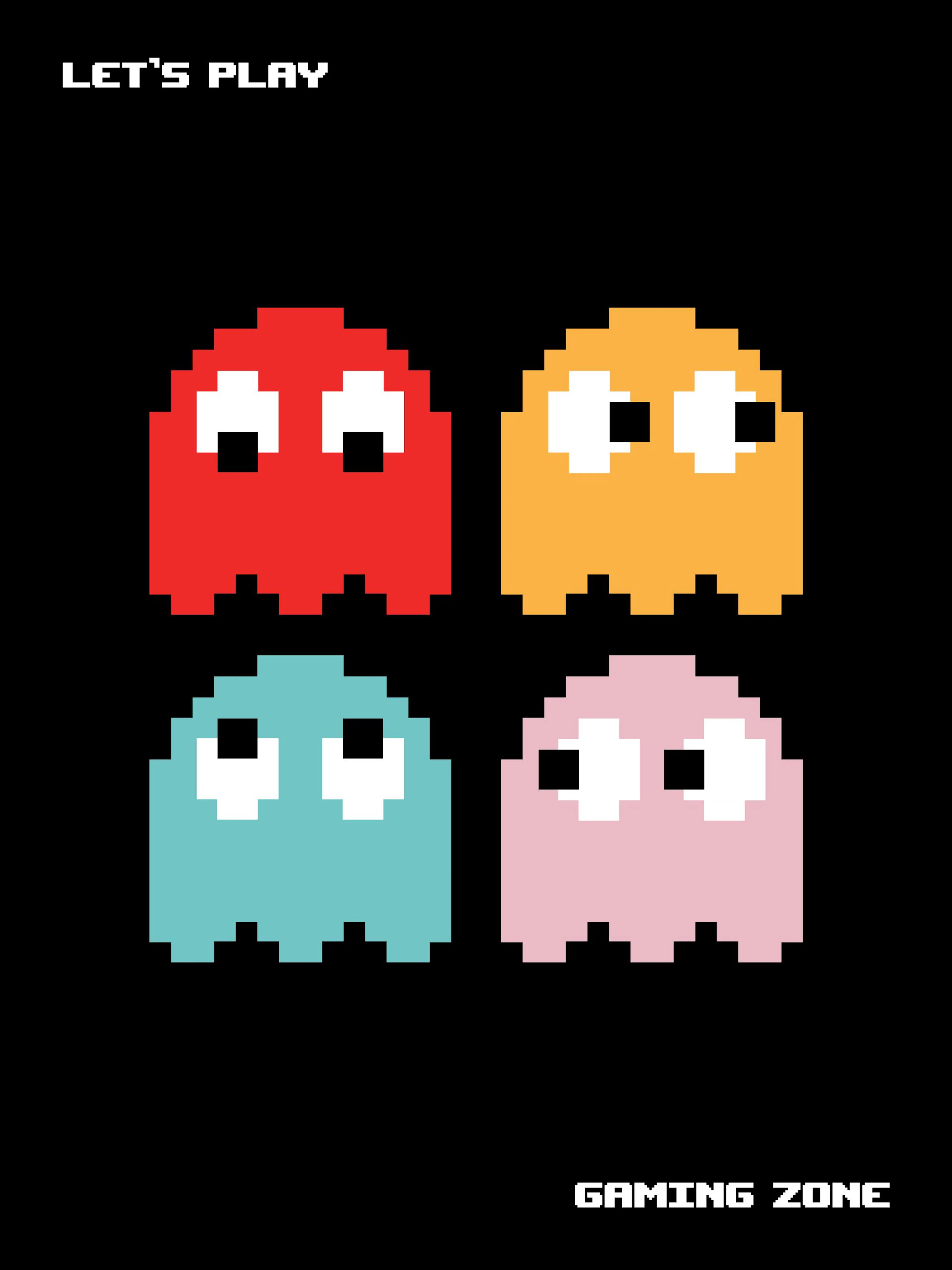 A poster featuring four pixelated Pac-Man ghosts in red, orange, blue, and pink on a black background.