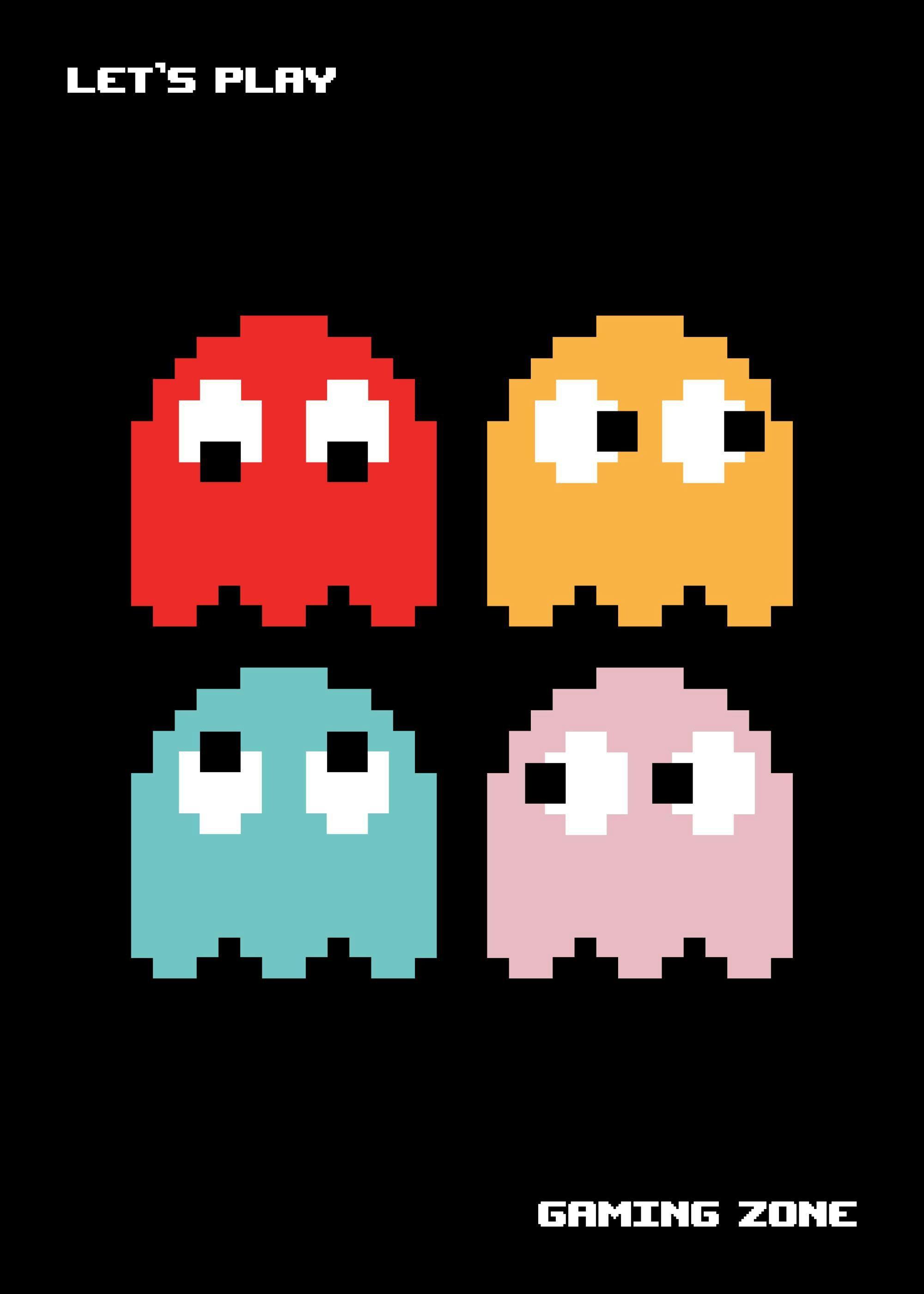Un poster représentant quatre fantômes pixélisés de Pac-Man, rouges, oranges, bleus et roses, sur fond noir.