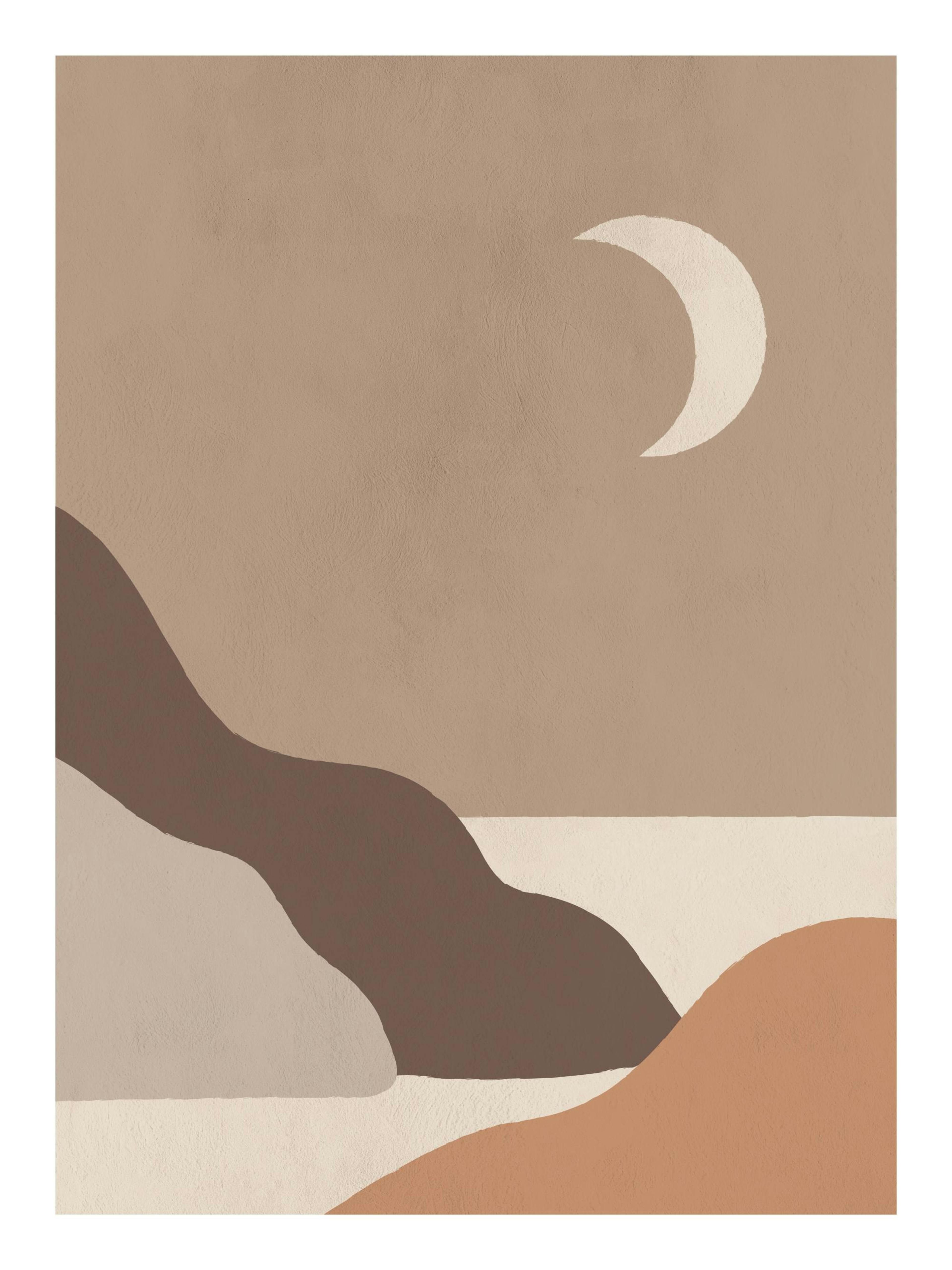 A poster depicting abstract brown and beige organic shapes with a white crescent moon on a light brown background.