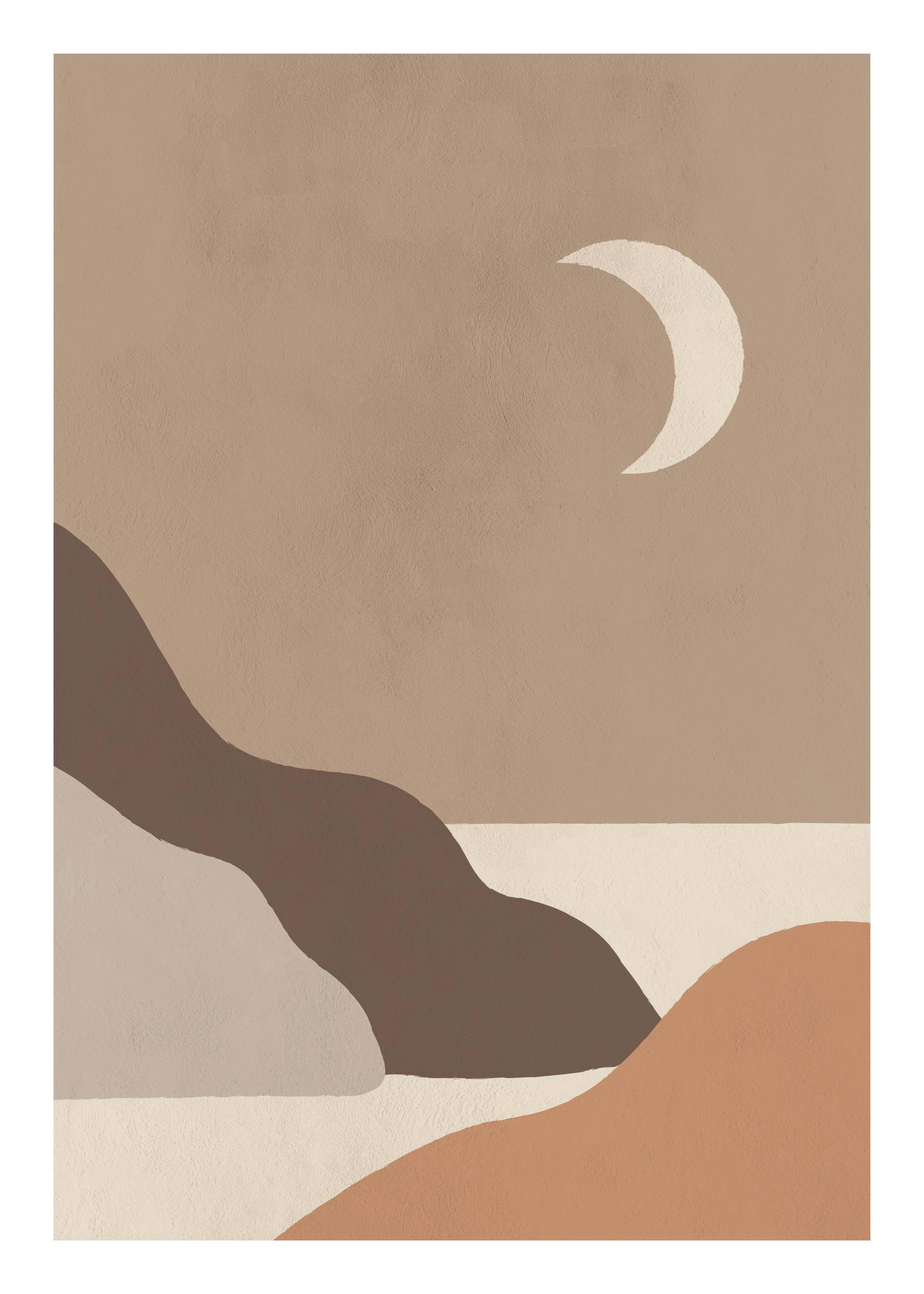 Poster mit abstrakter Landschaft in neutralen Farbtönen, mit einem cremefarbenen Halbmond über welligen Formen.
