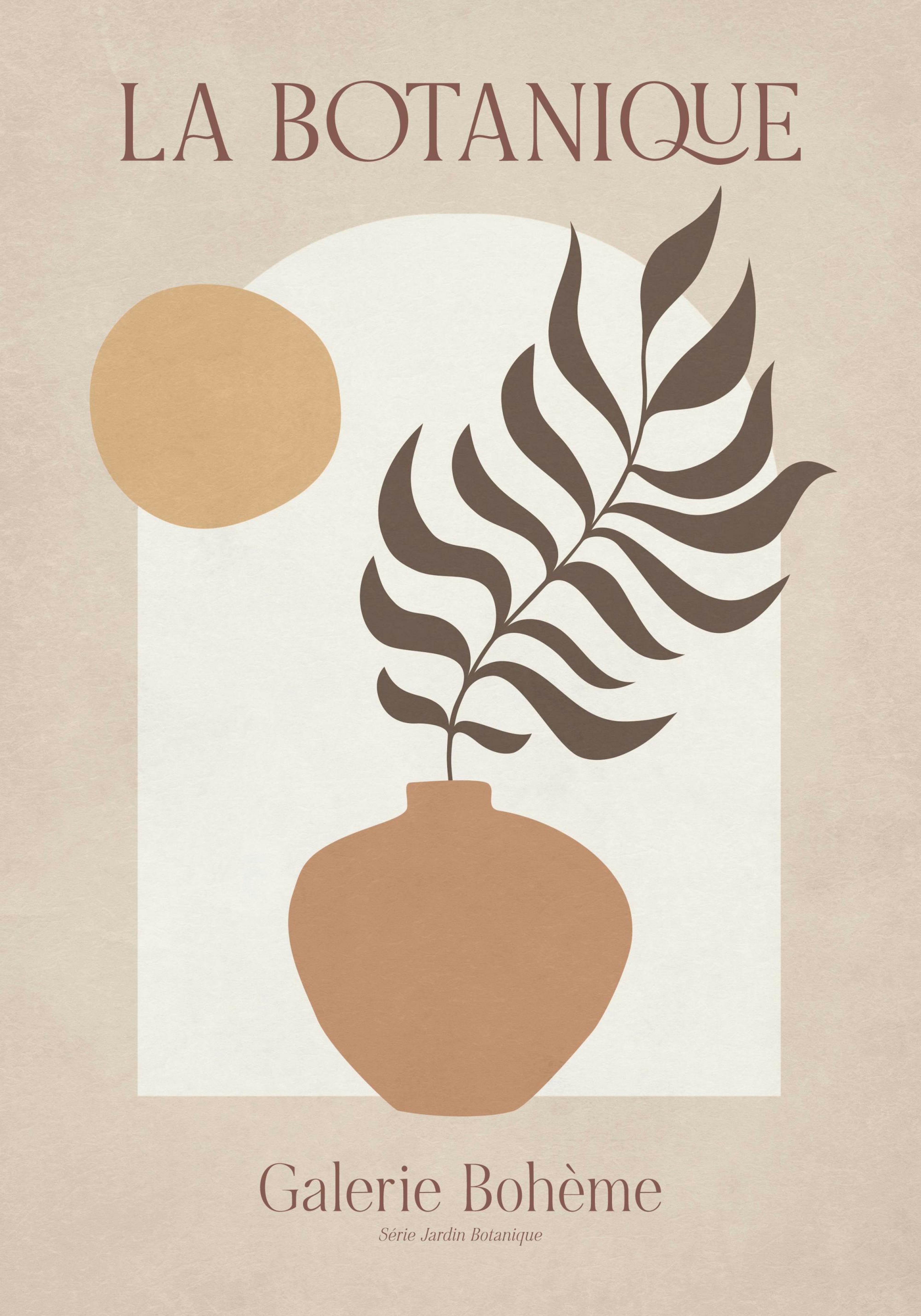 Poster mit brauner Pflanze in Vase und einem Kreis auf hellem Hintergrund, im Boho-Stil.