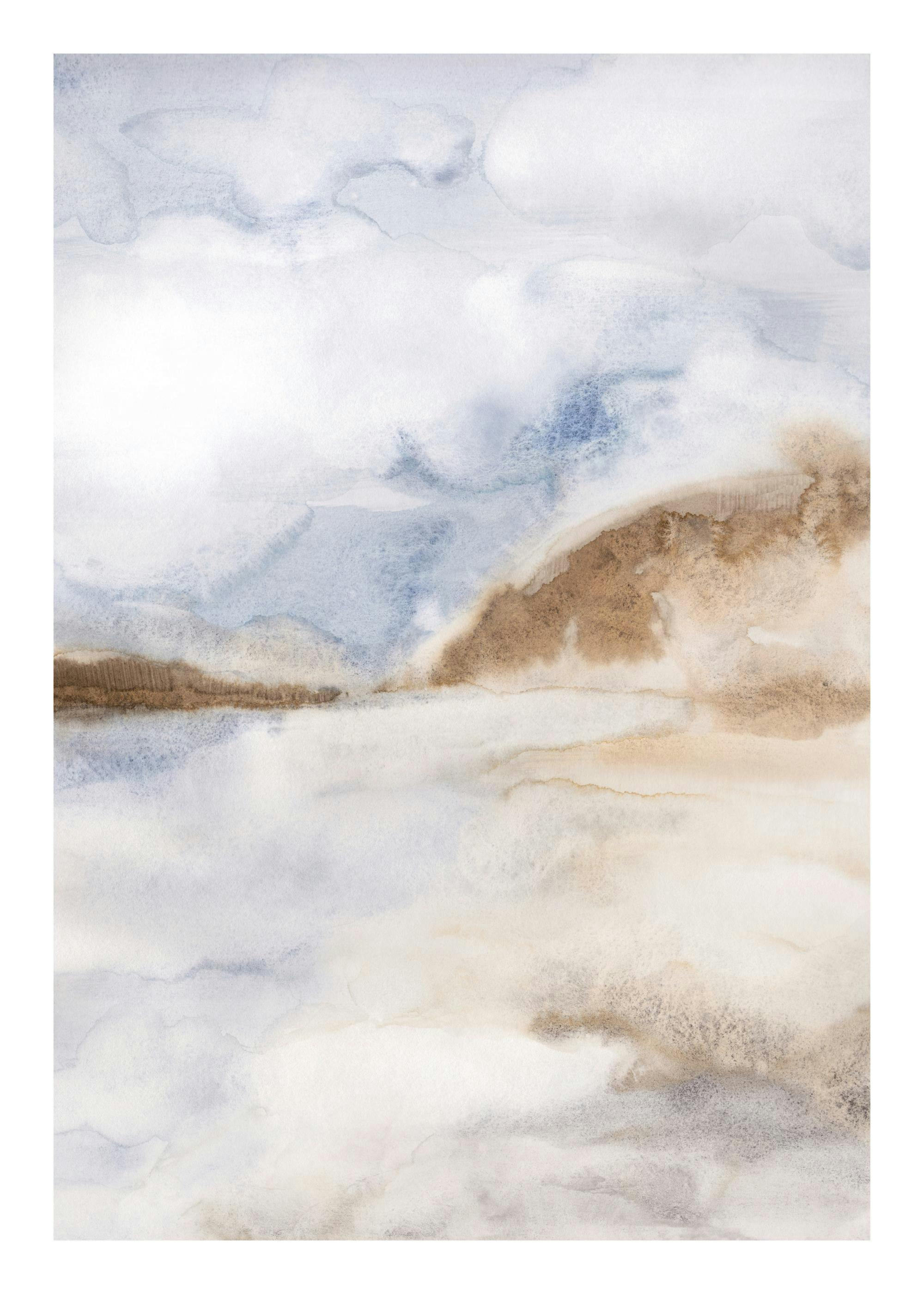 A poster featuring an abstract watercolor landscape with muted blue, brown, and beige tones.