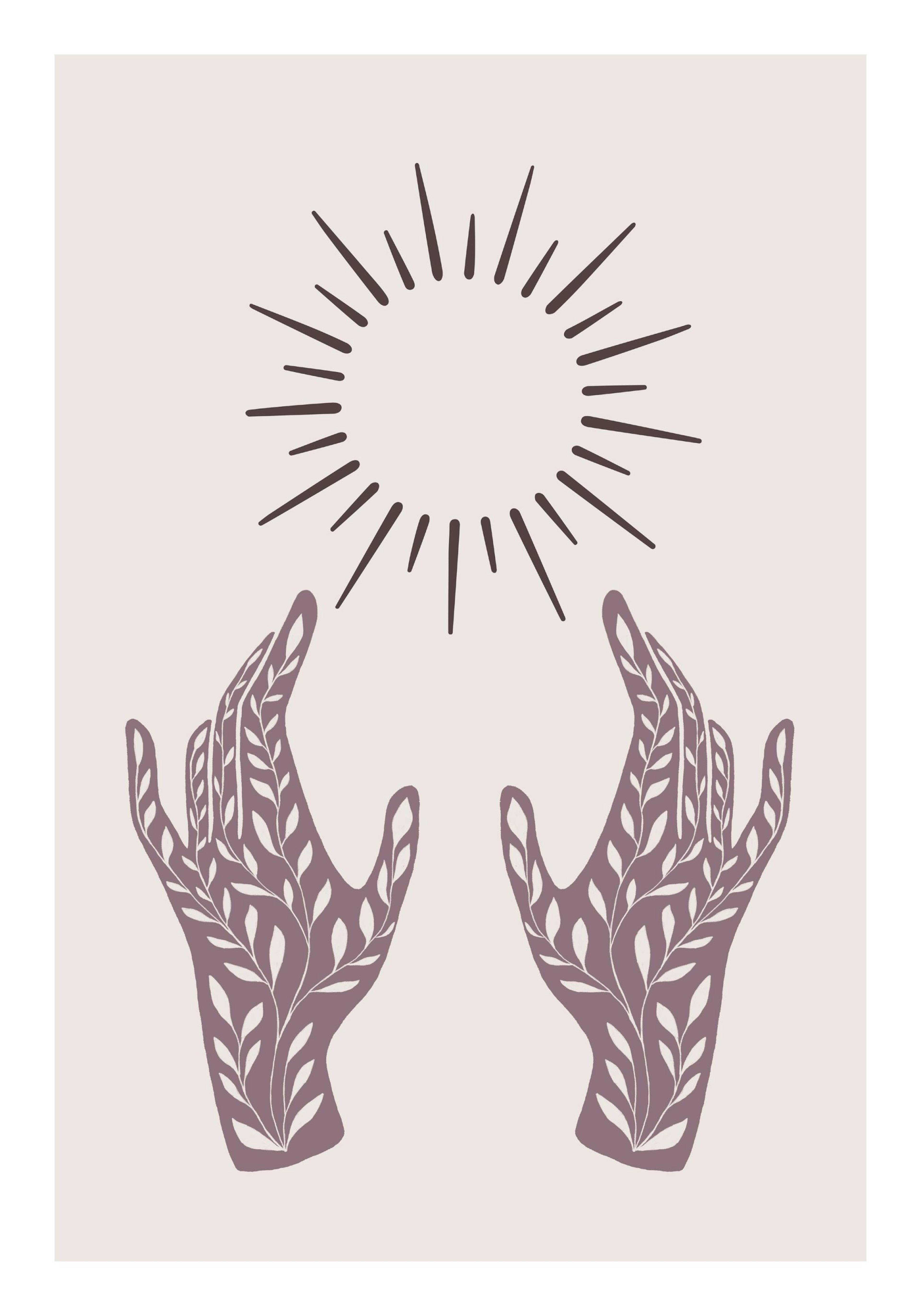 Plakat przedstawiający dwie fioletowe dłonie z białymi liśćmi, wyciągnięte w stronę słońca na beżowym tle.