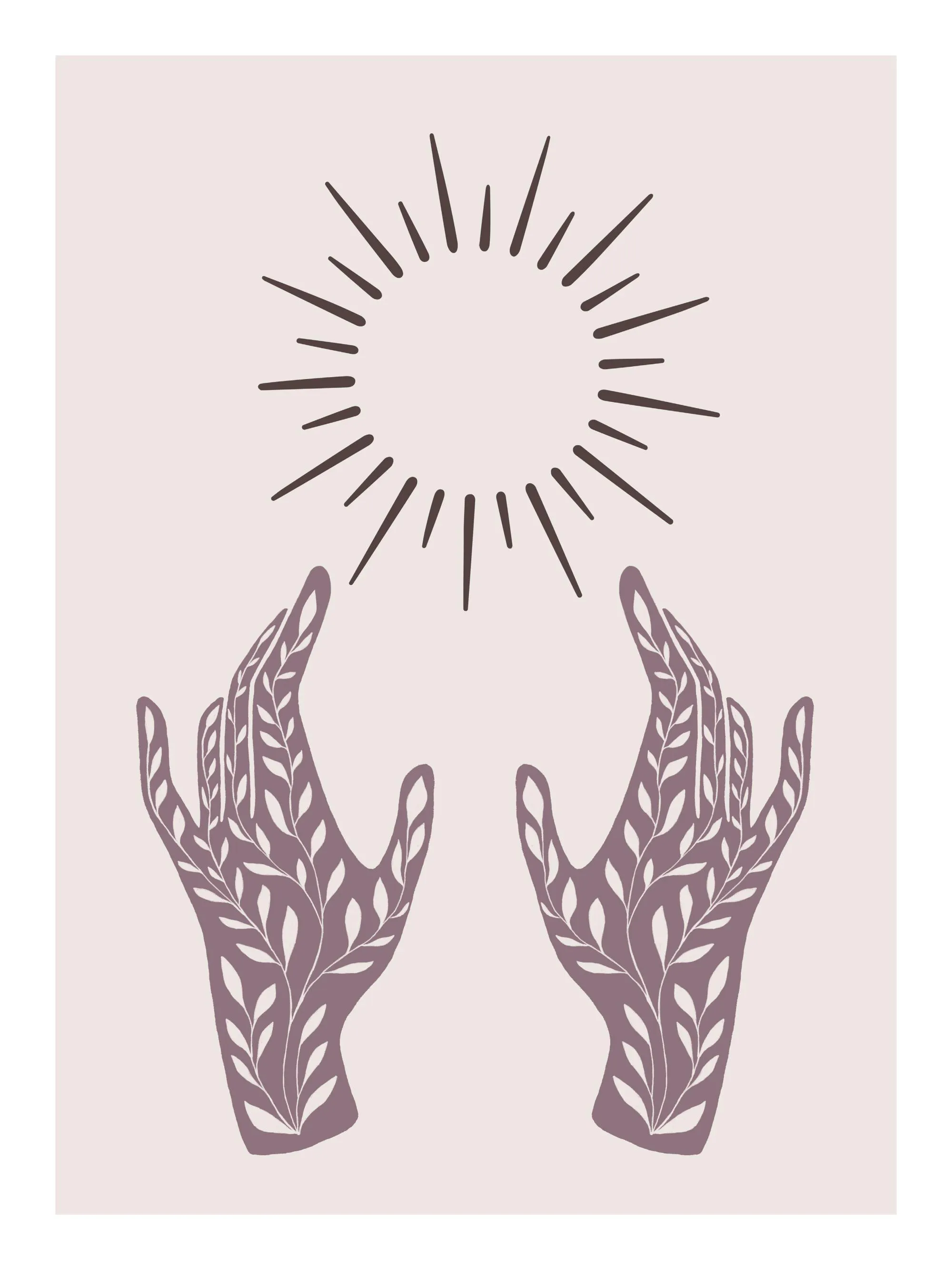 Poster: Helles Boho-Design mit Händen, die ein stilisiertes Sonnenlicht auf rosafarbenem Hintergrund halten.