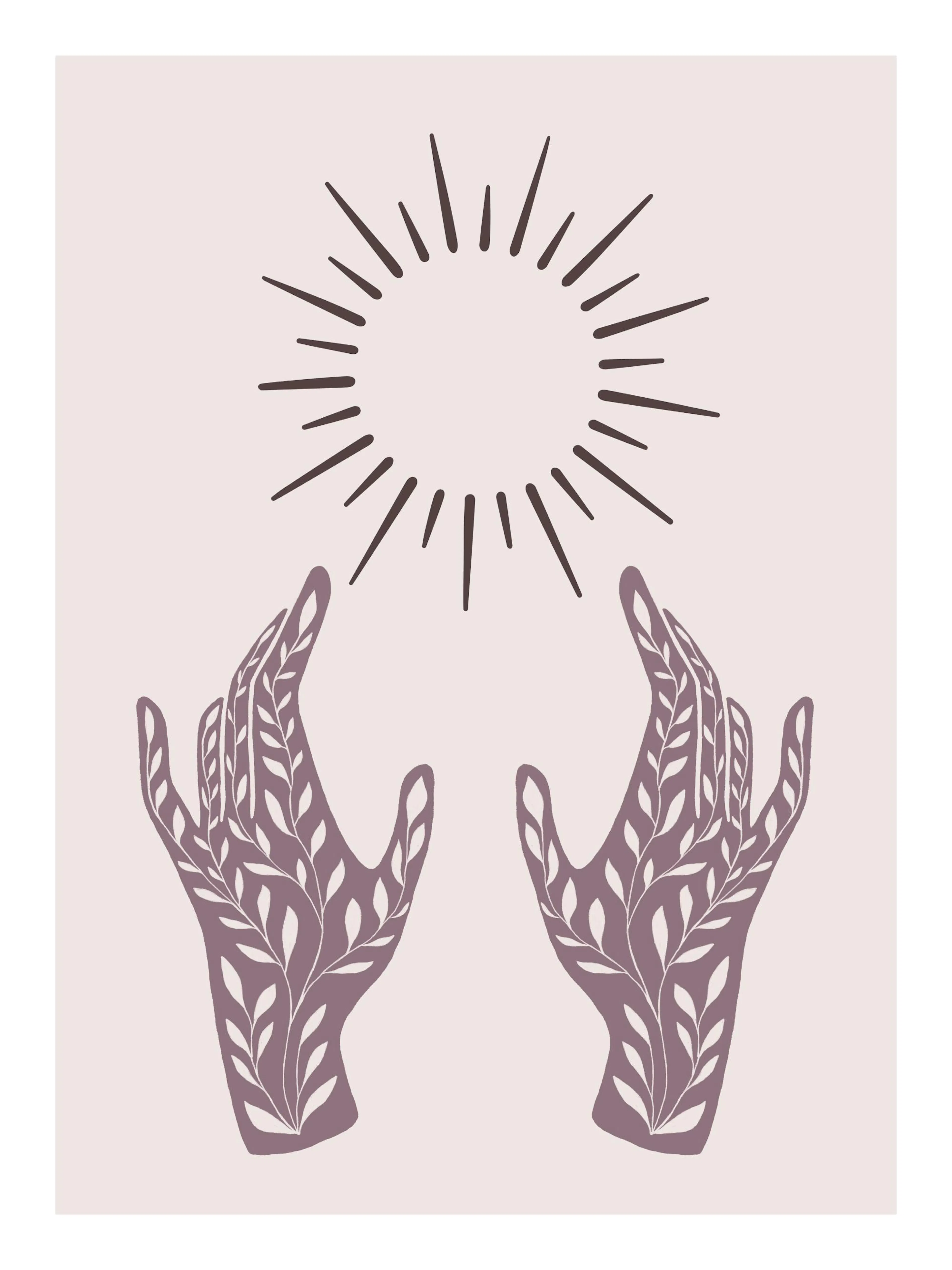 A poster depicting two lavender hands with white leafy veins reaching towards a radiant sun on a light beige background.