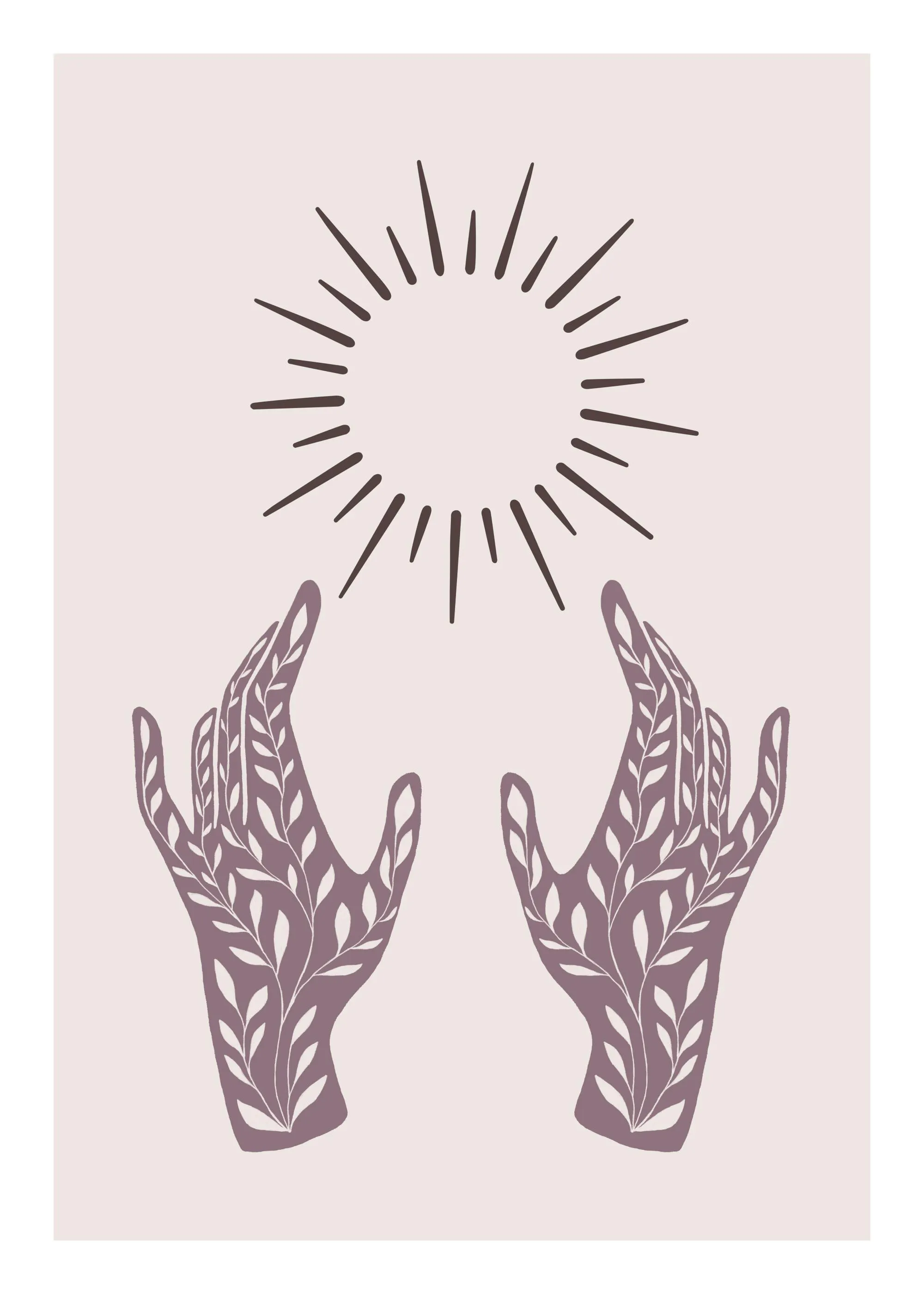 A poster featuring two hands with plant patterns reaching up towards a radiating sun, in muted purple and beige tones.