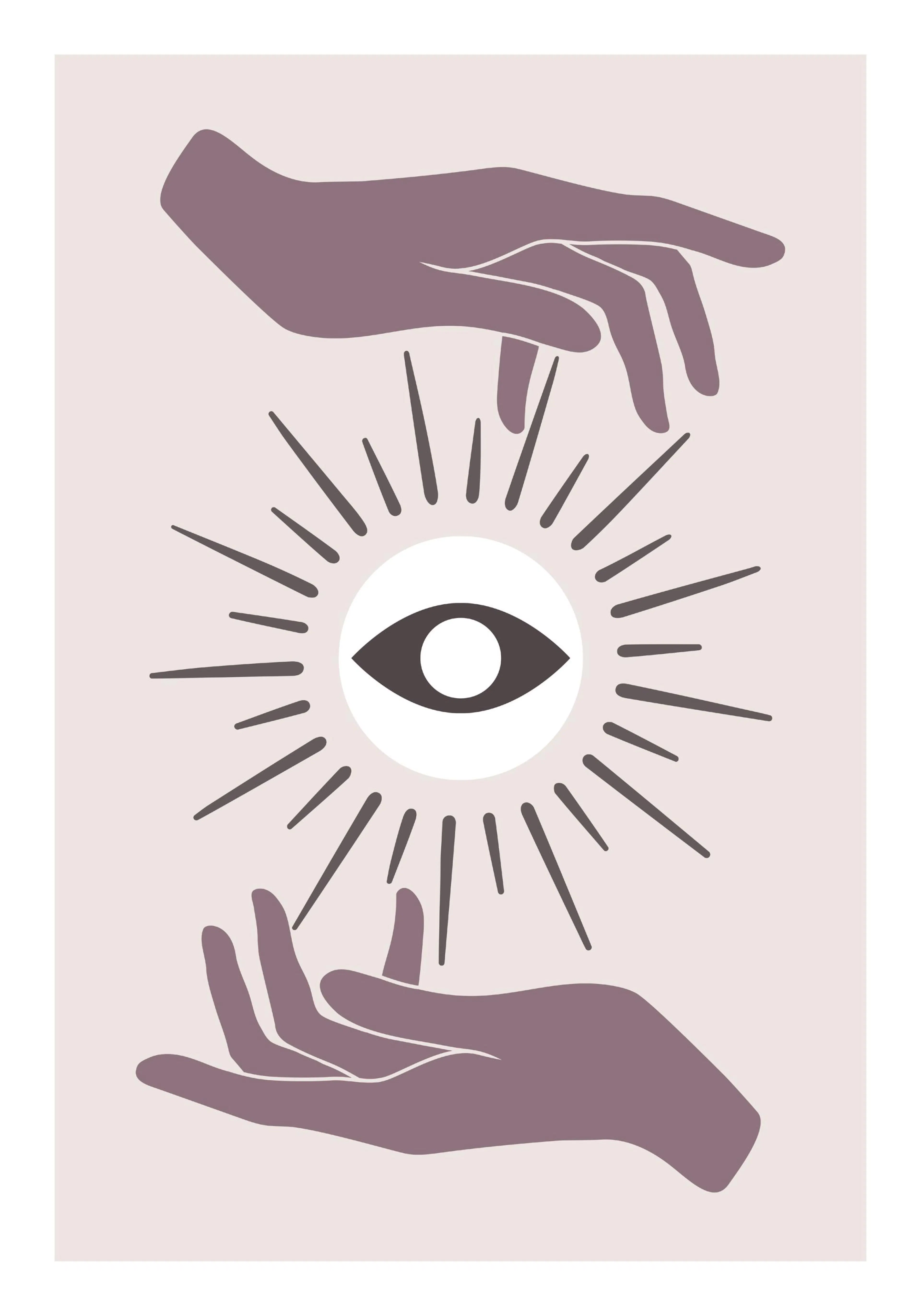 A poster featuring a mystical eye with emanating lines, surrounded by two human hands on a light background.