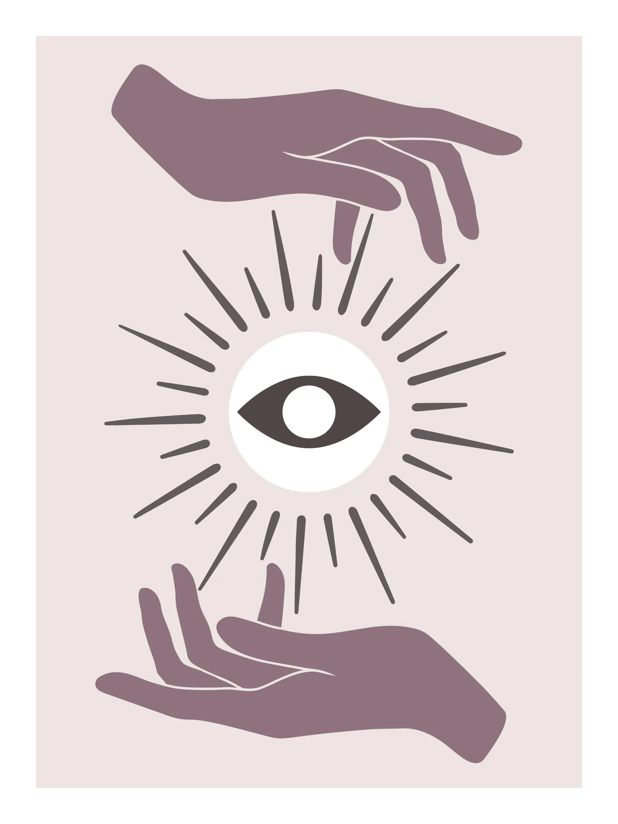 Ein Poster mit zwei Händen, die ein strahlendes Auge auf beigem Hintergrund umrahmen.