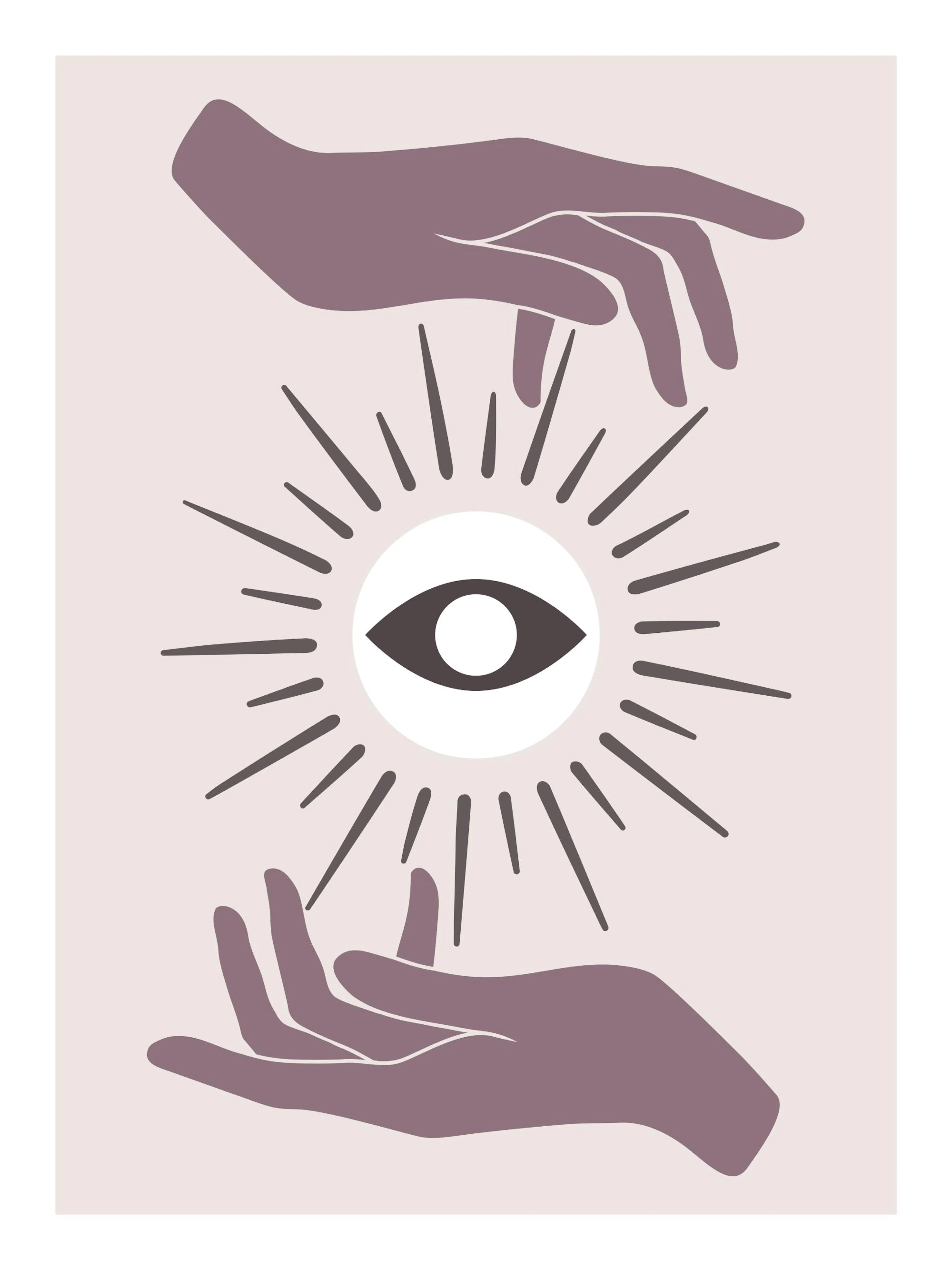 A poster featuring a mystical eye surrounded by rays, held between two hands, in earthy tones.