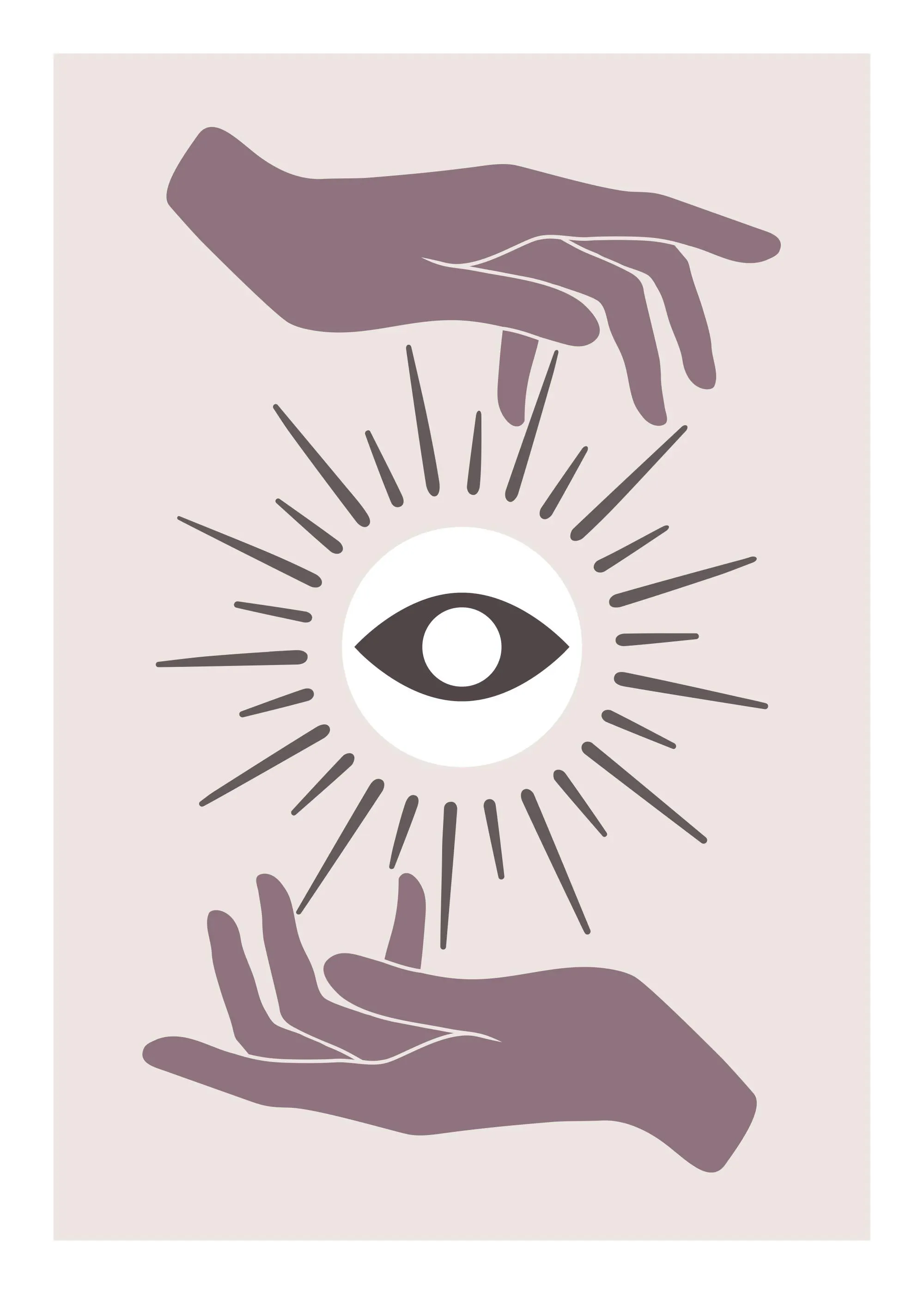 Poster avec une illustration de mains violettes entourant un œil unique brillant sur fond beige.