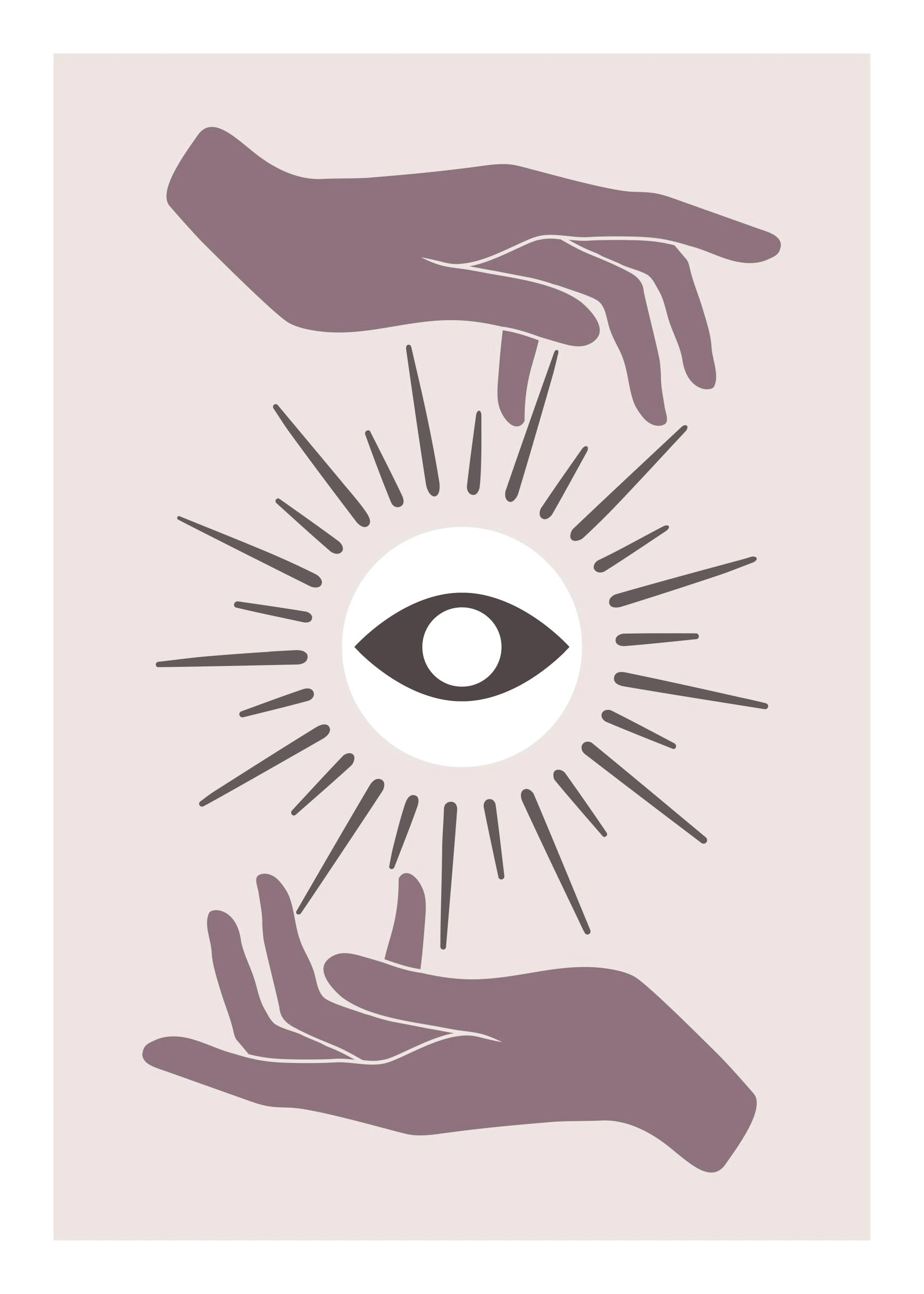 Poster avec une illustration de mains violettes entourant un œil unique brillant sur fond beige.