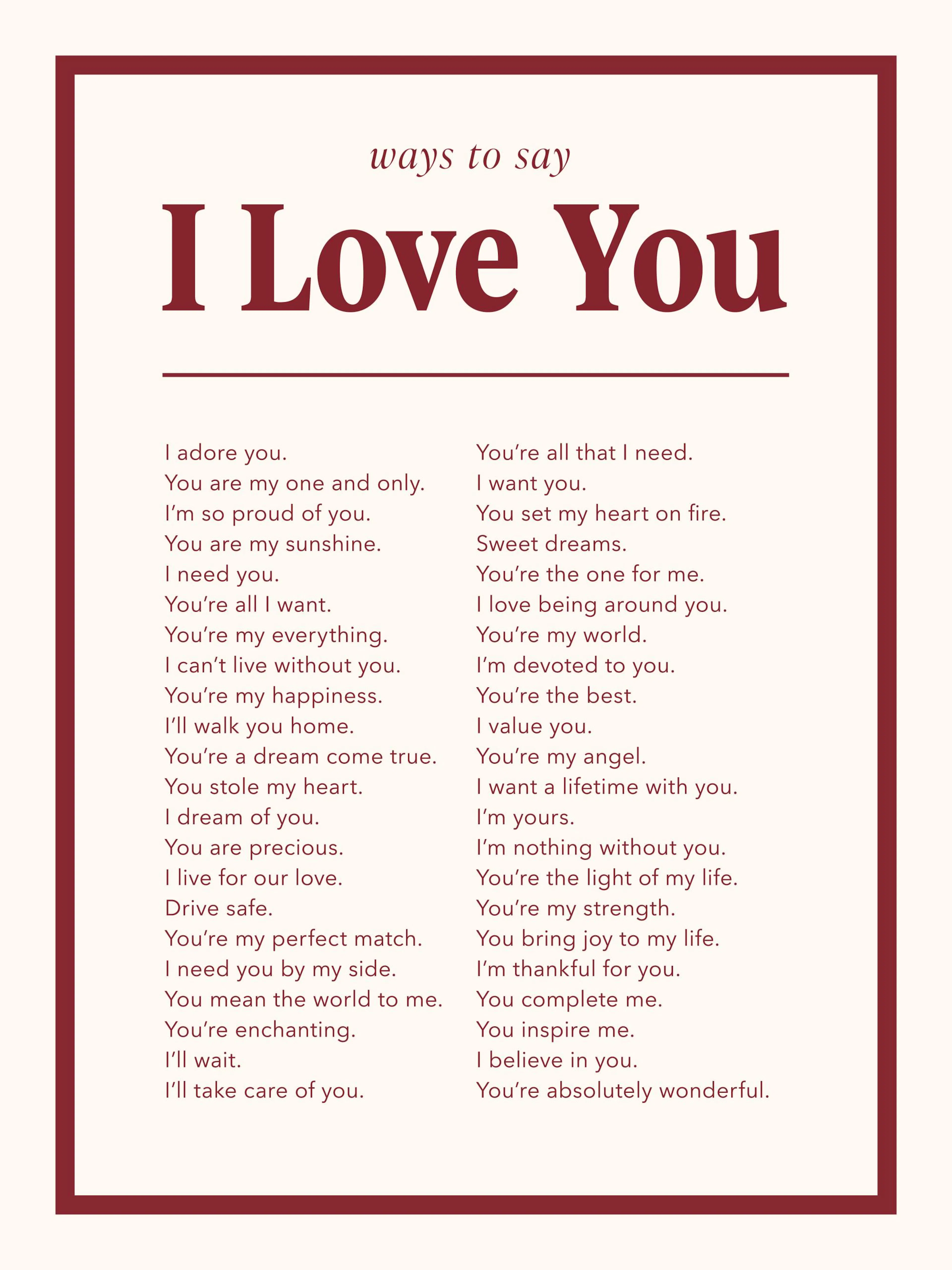 En plakat i creme og bordeaux med teksten ways to say I Love You og en liste over romantiske udtryk.