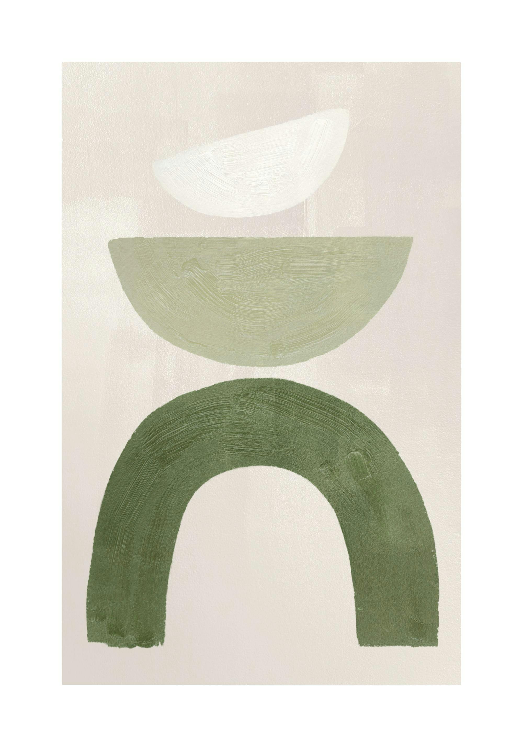 Een poster met gestapelde abstracte vormen in groen en beige op een lichte achtergrond.